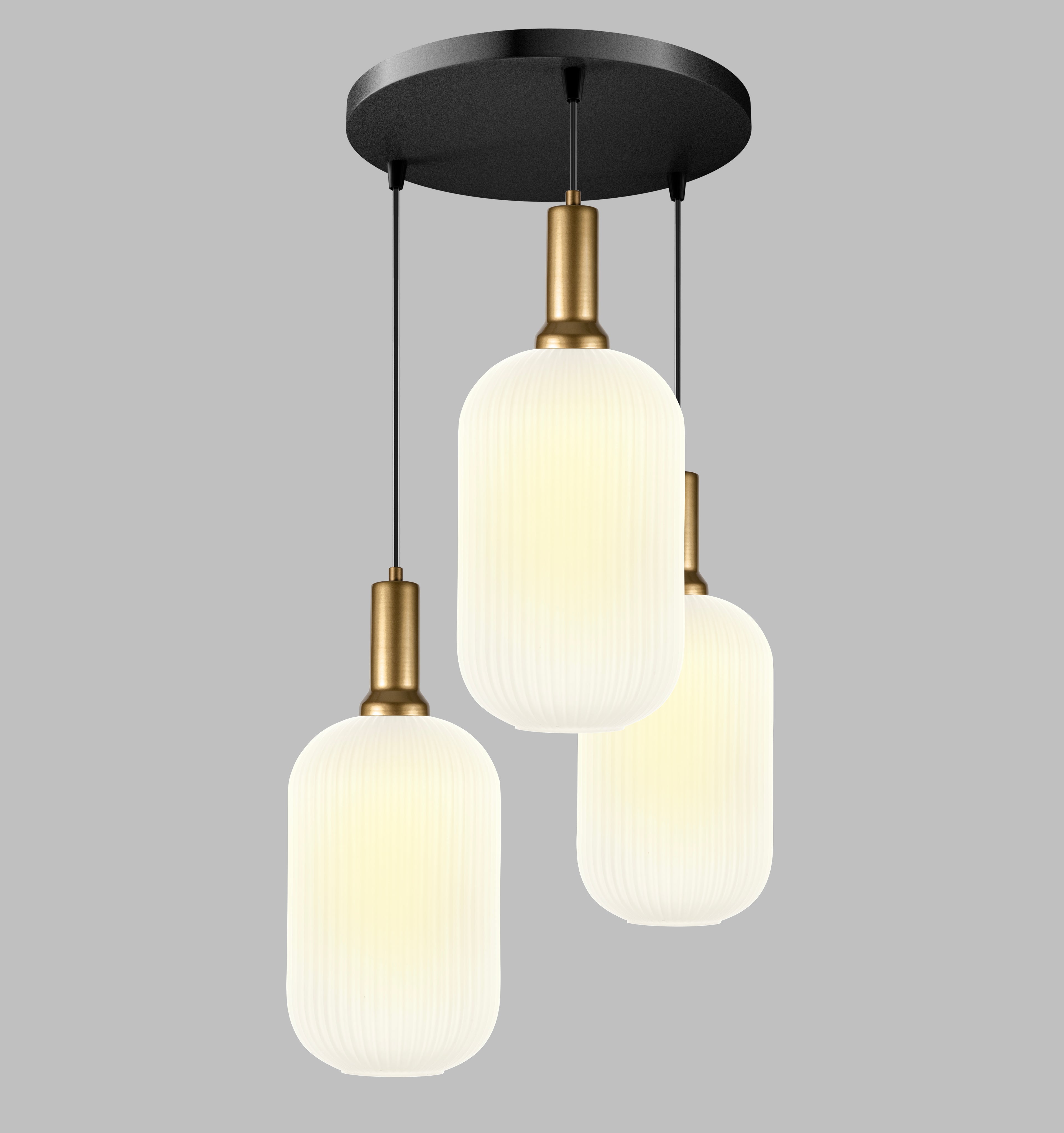Long Glass Reeded Clear-Amber-Smoke Gray, Round Multi-Pendant Light for Stairs, Suitable for High Ceilings, 10 ft cord