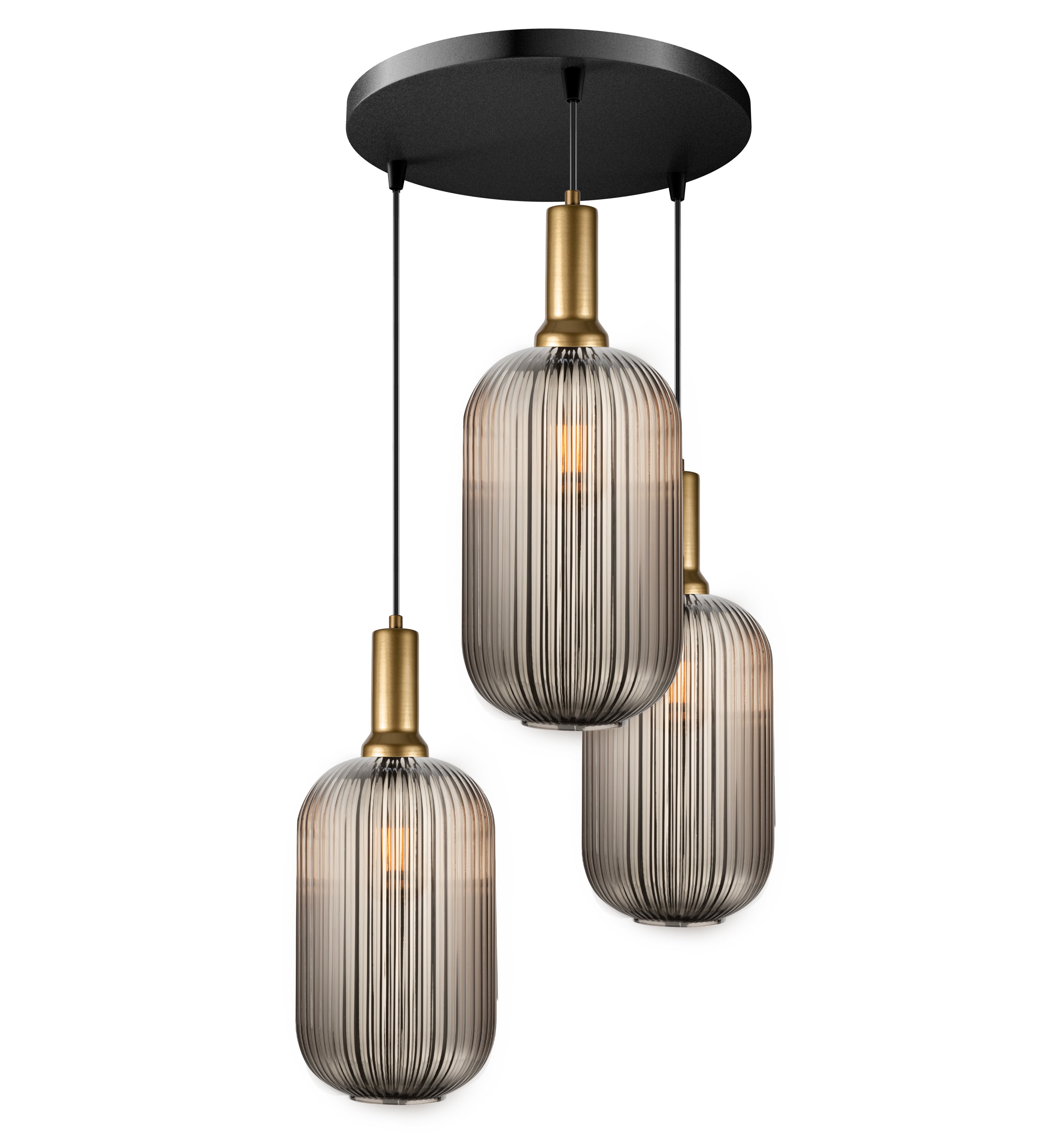 Long Glass Reeded Clear-Amber-Smoke Gray, Round Multi-Pendant Light for Stairs, Suitable for High Ceilings, 10 ft cord
