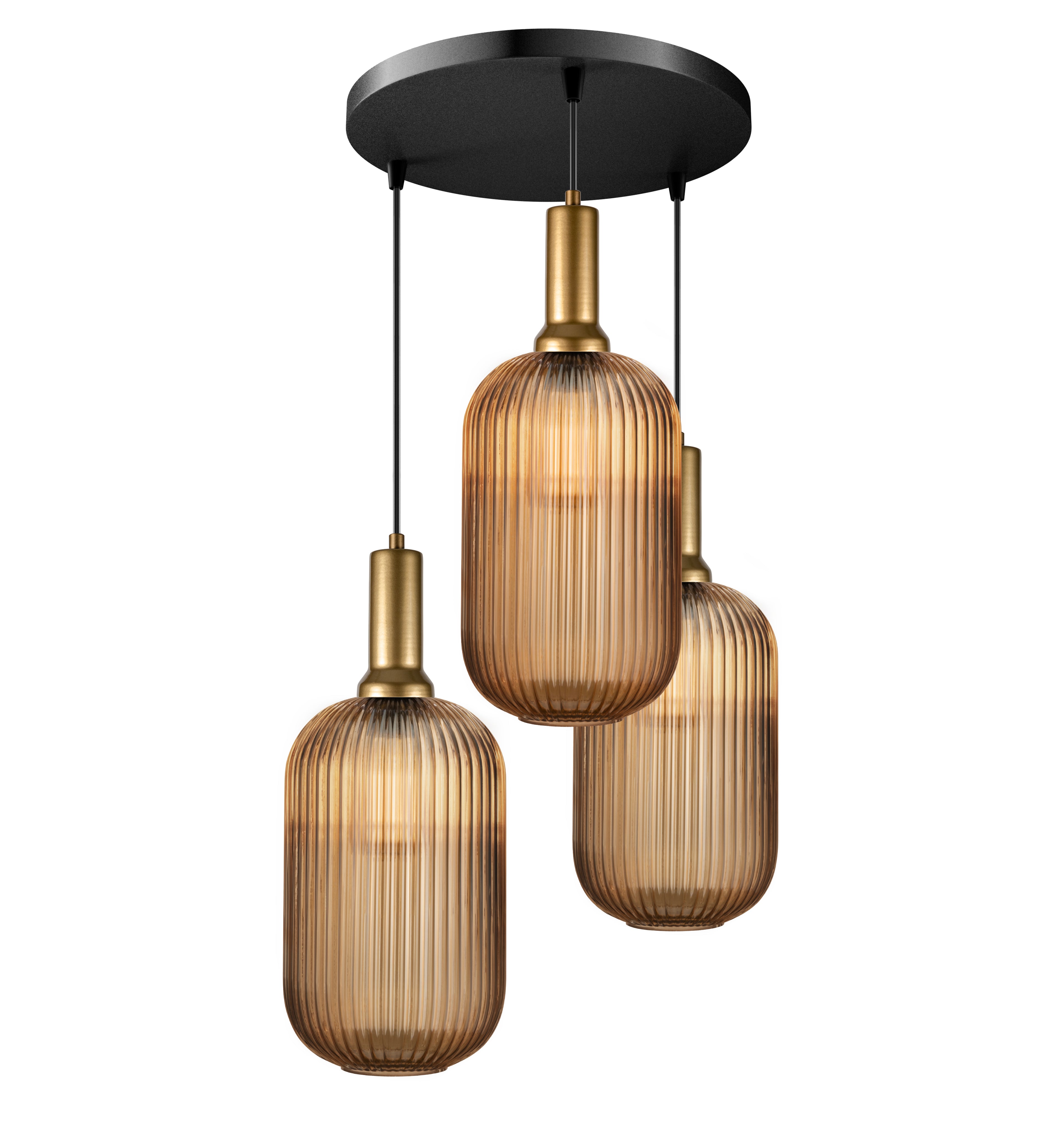 Long Glass Reeded Clear-Amber-Smoke Gray, Round Multi-Pendant Light for Stairs, Suitable for High Ceilings, 10 ft cord