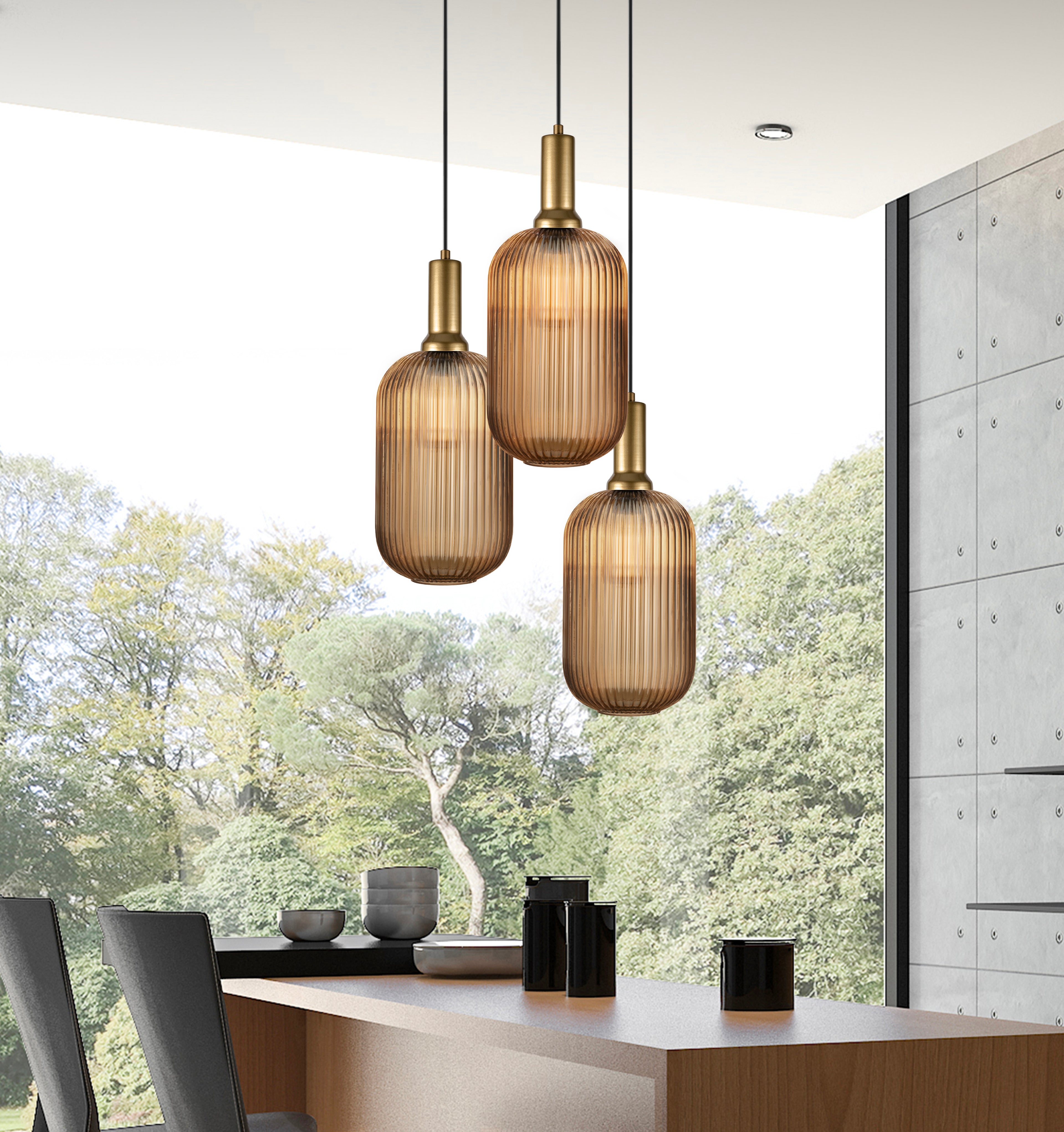 Long Glass Reeded Clear-Amber-Smoke Gray, Round Multi-Pendant Light for Stairs, Suitable for High Ceilings, 10 ft cord