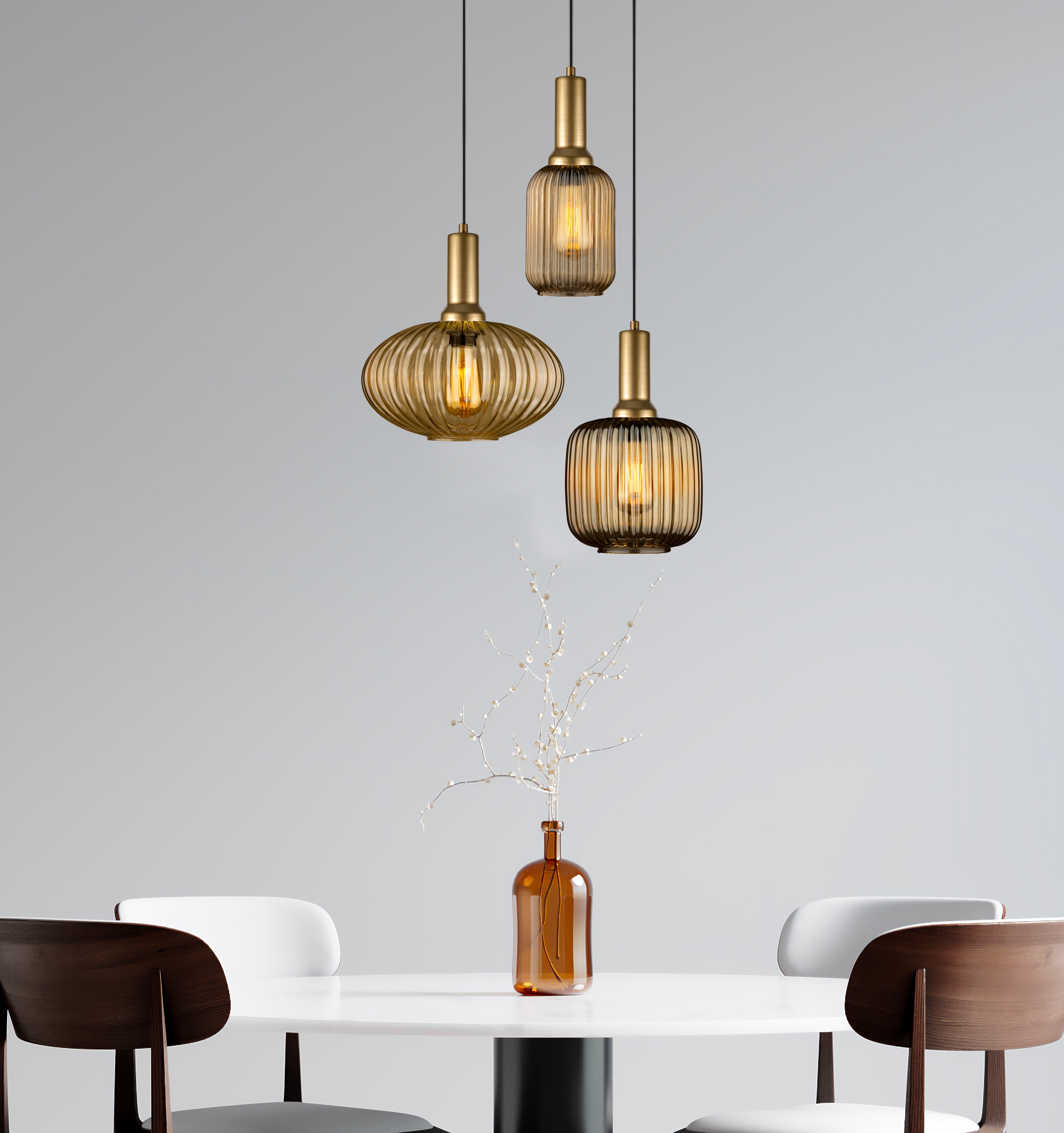 Milk Glass Multi Pendant Light Staircase, Custom Made Pendant Light, Mid-Century Modern, Ribbed -Pleated Glass, Organic Modern-Minimal