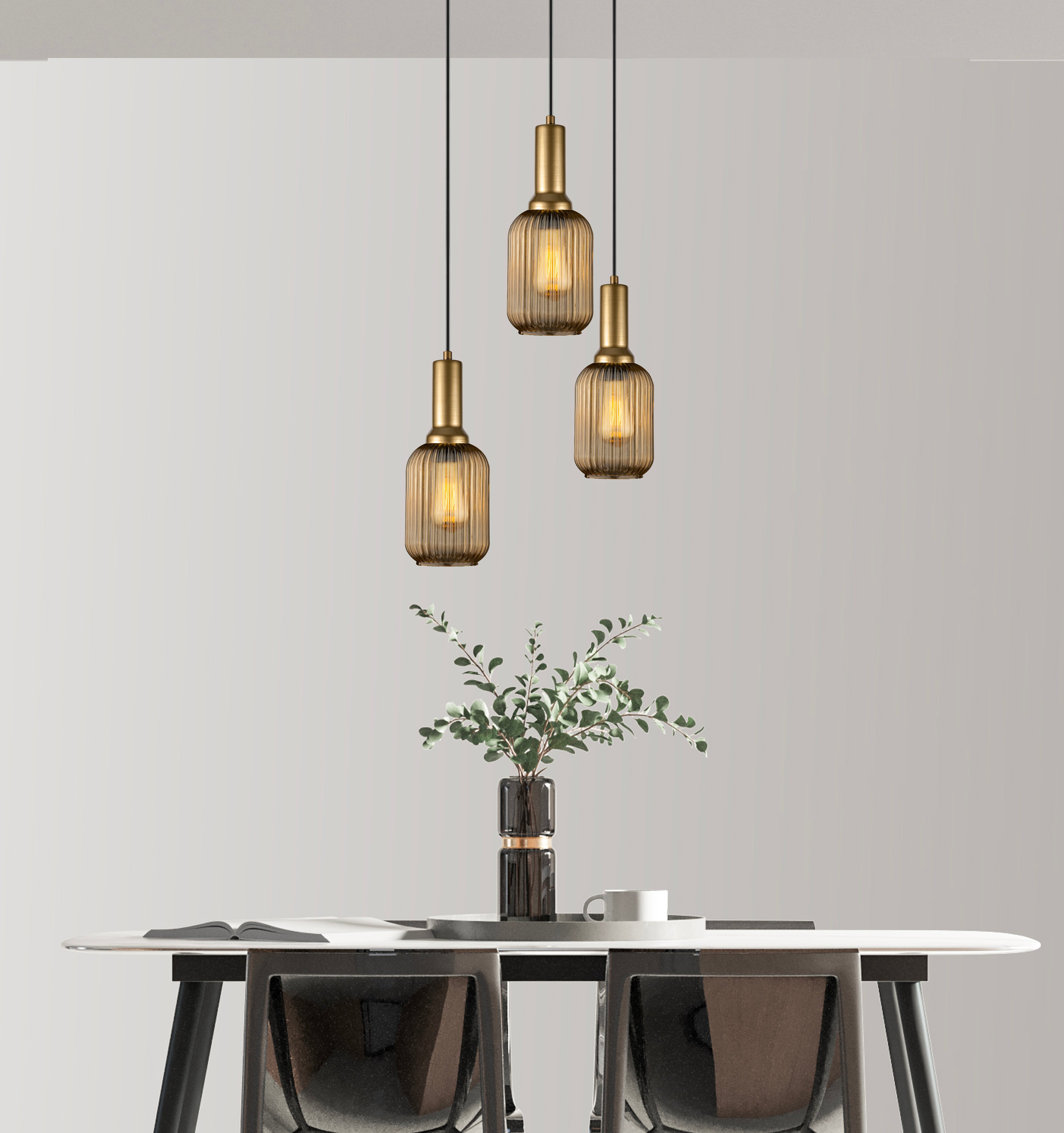 Amber Ribbed Glass Modern Pendant Lighting, Custom Glass Pendant Lighting, Elegant Multi Lighting for Stairwell Long Chandelier