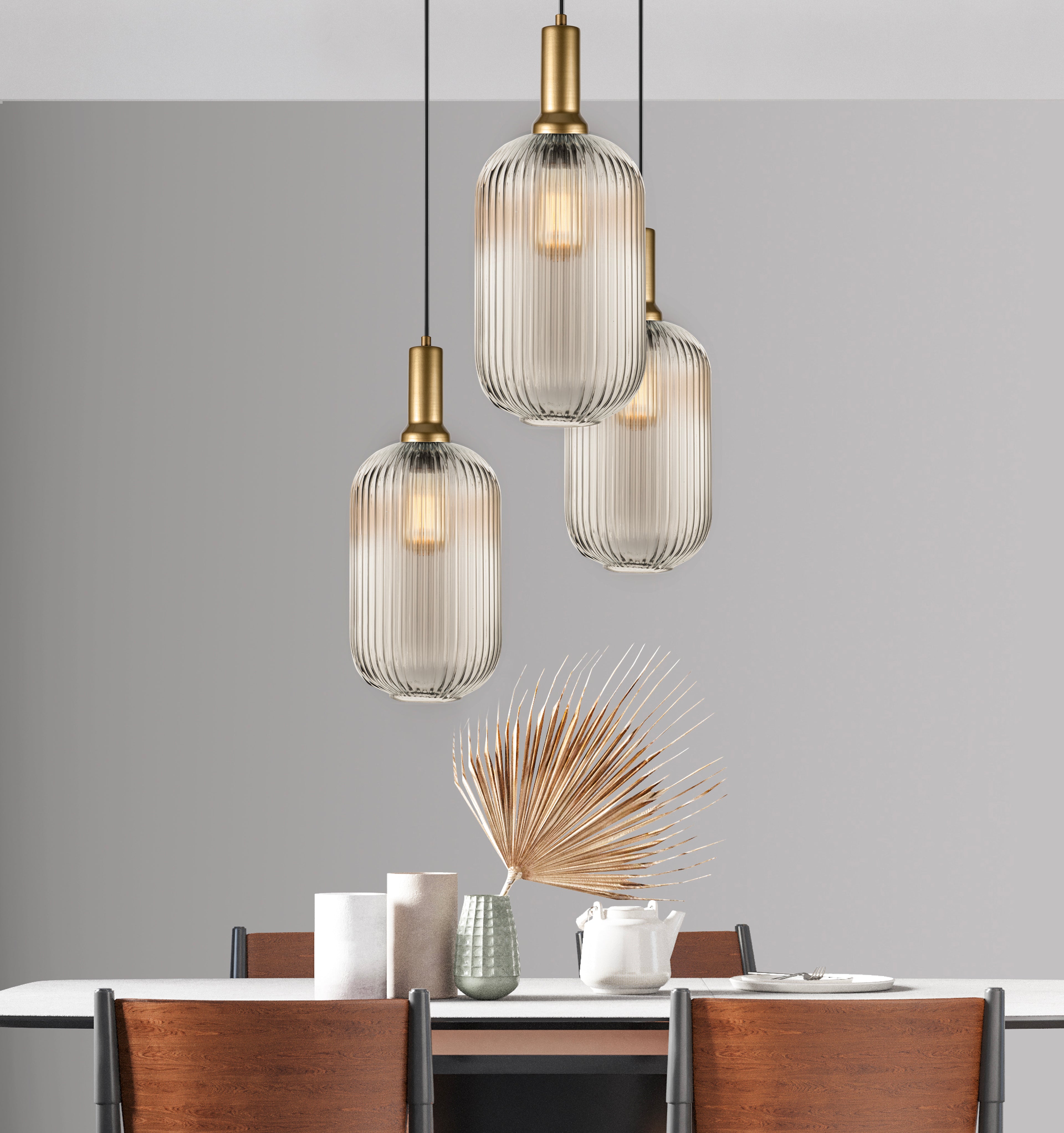 Long Glass Reeded Clear-Amber-Smoke Gray, Round Multi-Pendant Light for Stairs, Suitable for High Ceilings, 10 ft cord