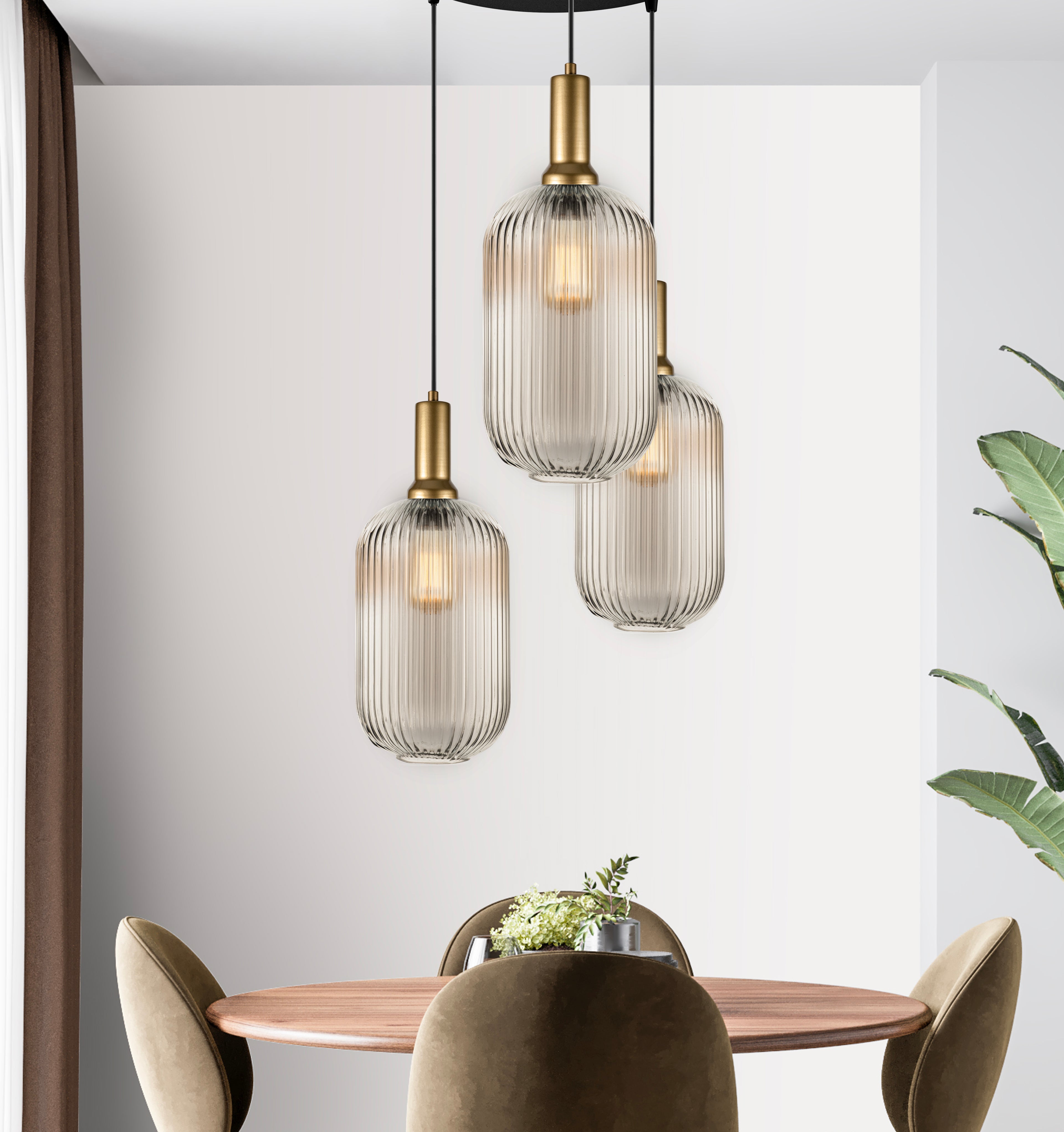 Long Glass Reeded Clear-Amber-Smoke Gray, Round Multi-Pendant Light for Stairs, Suitable for High Ceilings, 10 ft cord
