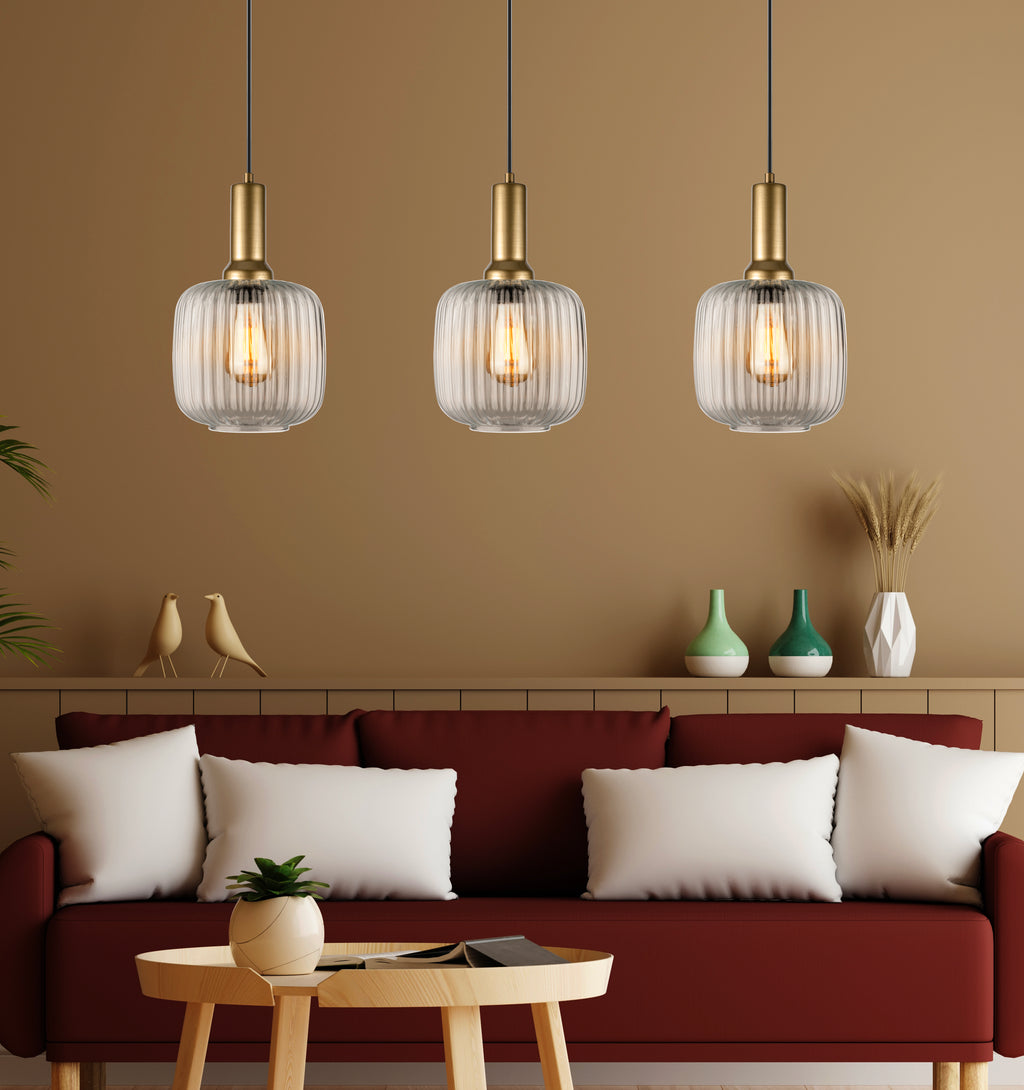 Linear Smoke Gray Ribbed Glass Modern Pendant Lighting, Custom Ribbed Glass Pendant Lighting, Nordic Style Glass Pendant Light for Kitchen Island
