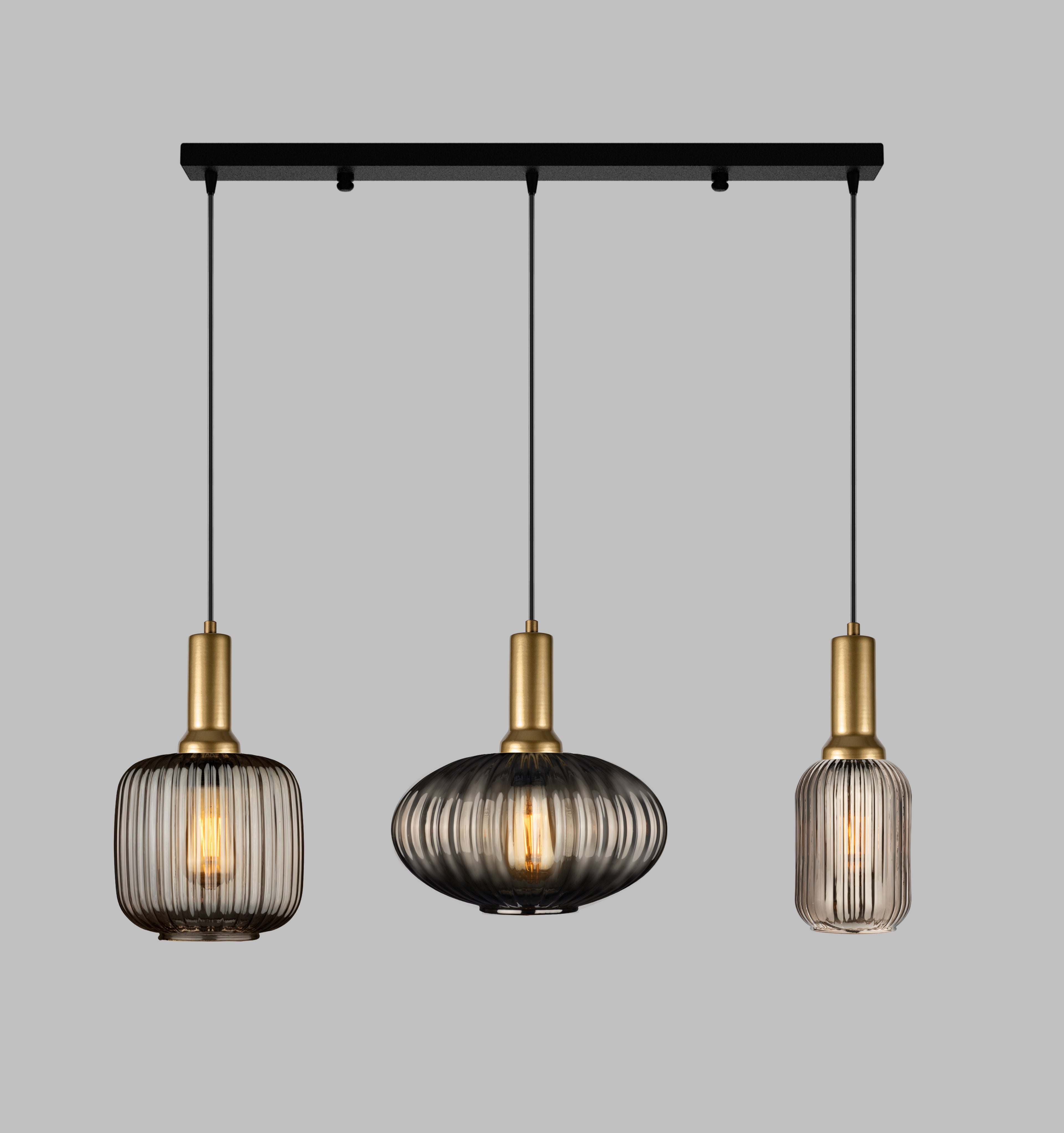 Linear Canopy Chandelier Mid Century Modern Smoky Gray Ribbed Glass 3 Different Shape, Amber-Clear-Milk Options, Symmetrical Vertical Groves, Custom Details Fixture (Kopya)
