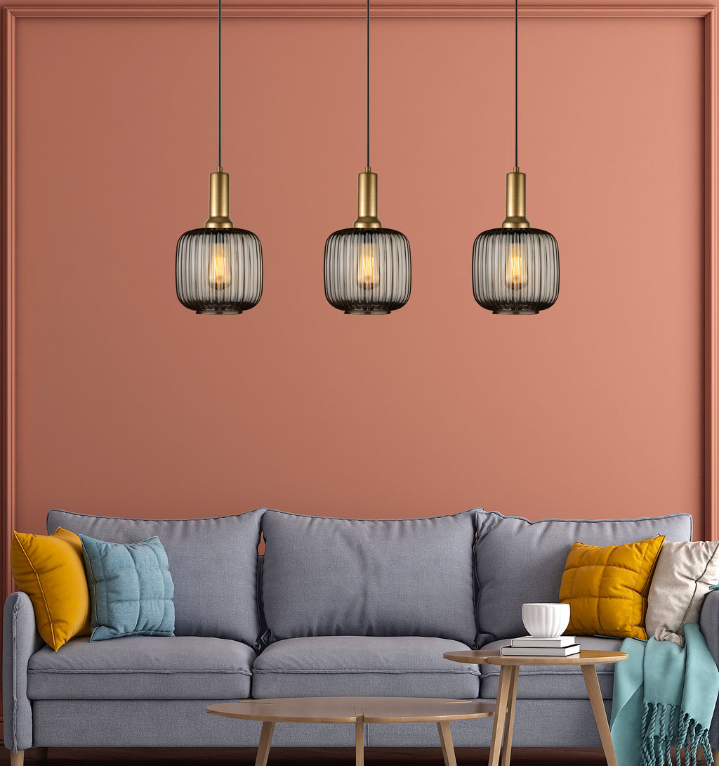 Linear Smoke Gray Ribbed Glass Modern Pendant Lighting, Custom Ribbed Glass Pendant Lighting, Nordic Style Glass Pendant Light for Kitchen Island