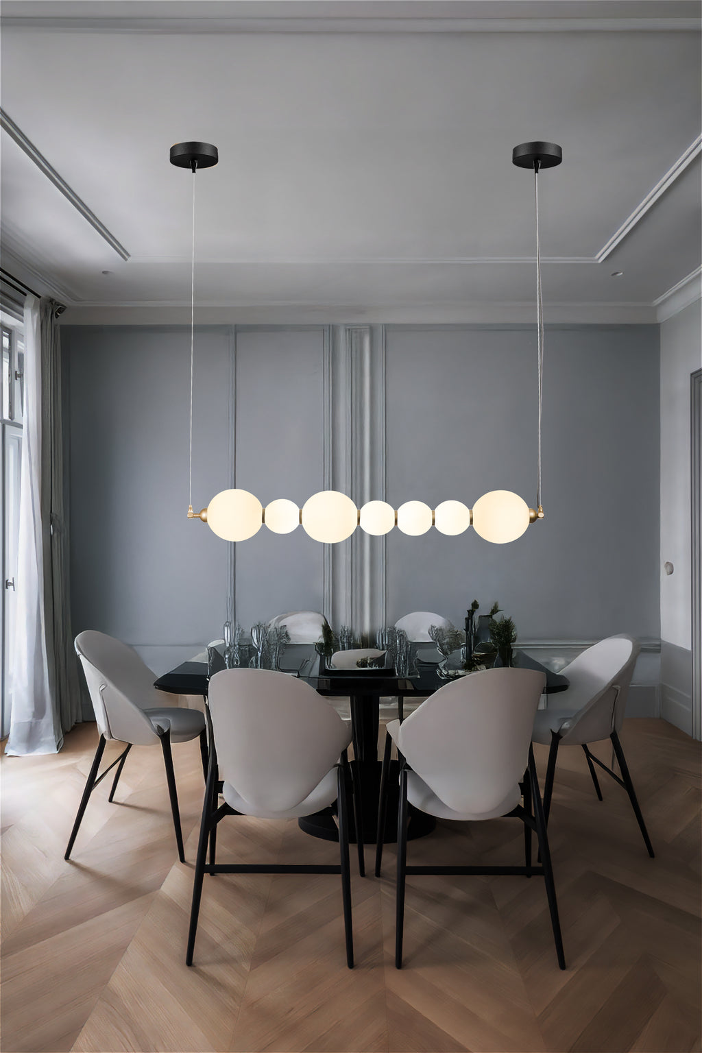 Custom Modern Linear Canopy LED Chandelier for Dining Table or Kitchen Island, Minimalist Opal Globe Pendant Light, Contemporary Linear Globe Light