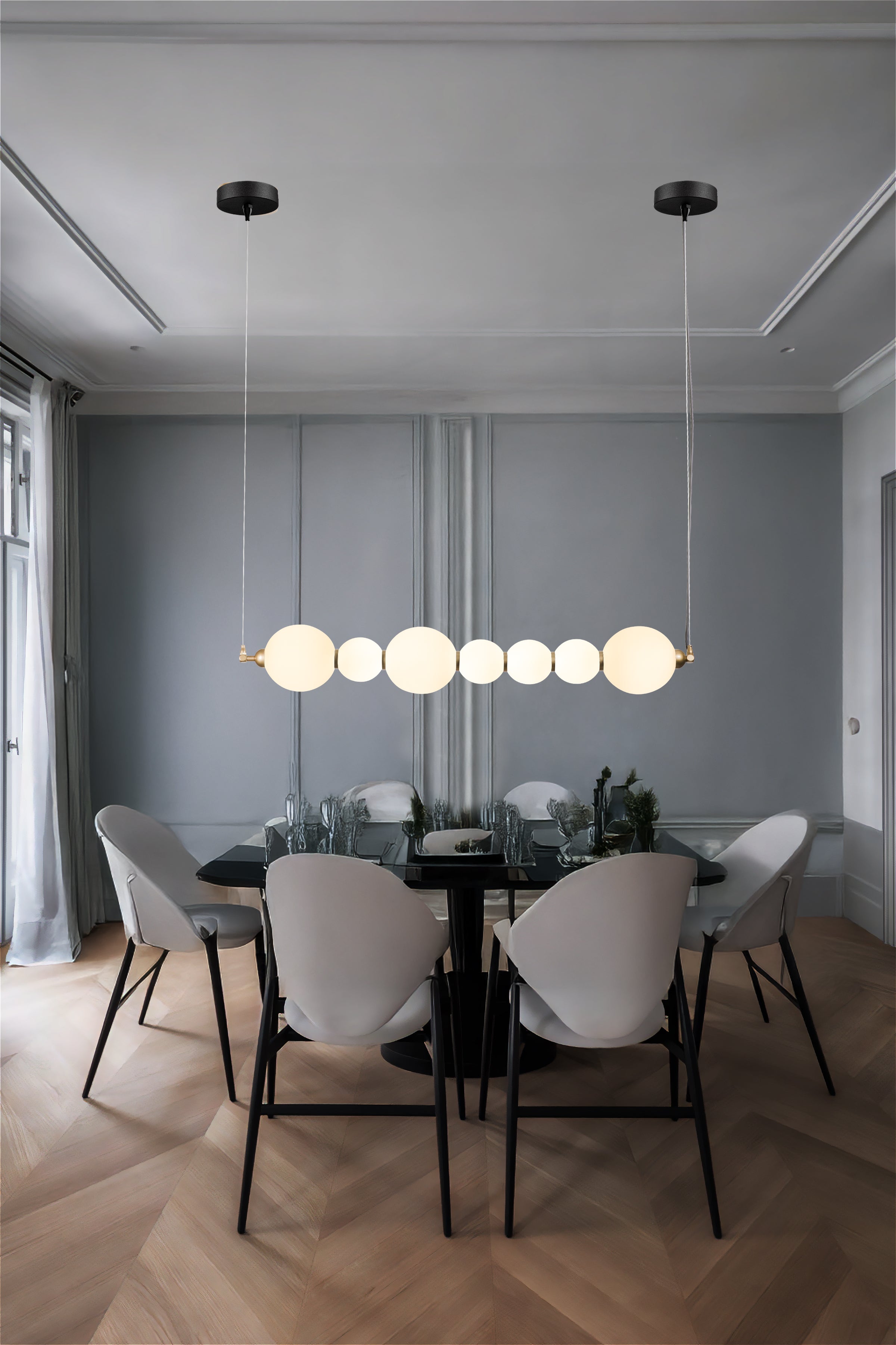 Custom Modern Linear Canopy LED Chandelier for Dining Table or Kitchen Island, Minimalist Opal Globe Pendant Light, Contemporary Linear Globe Light