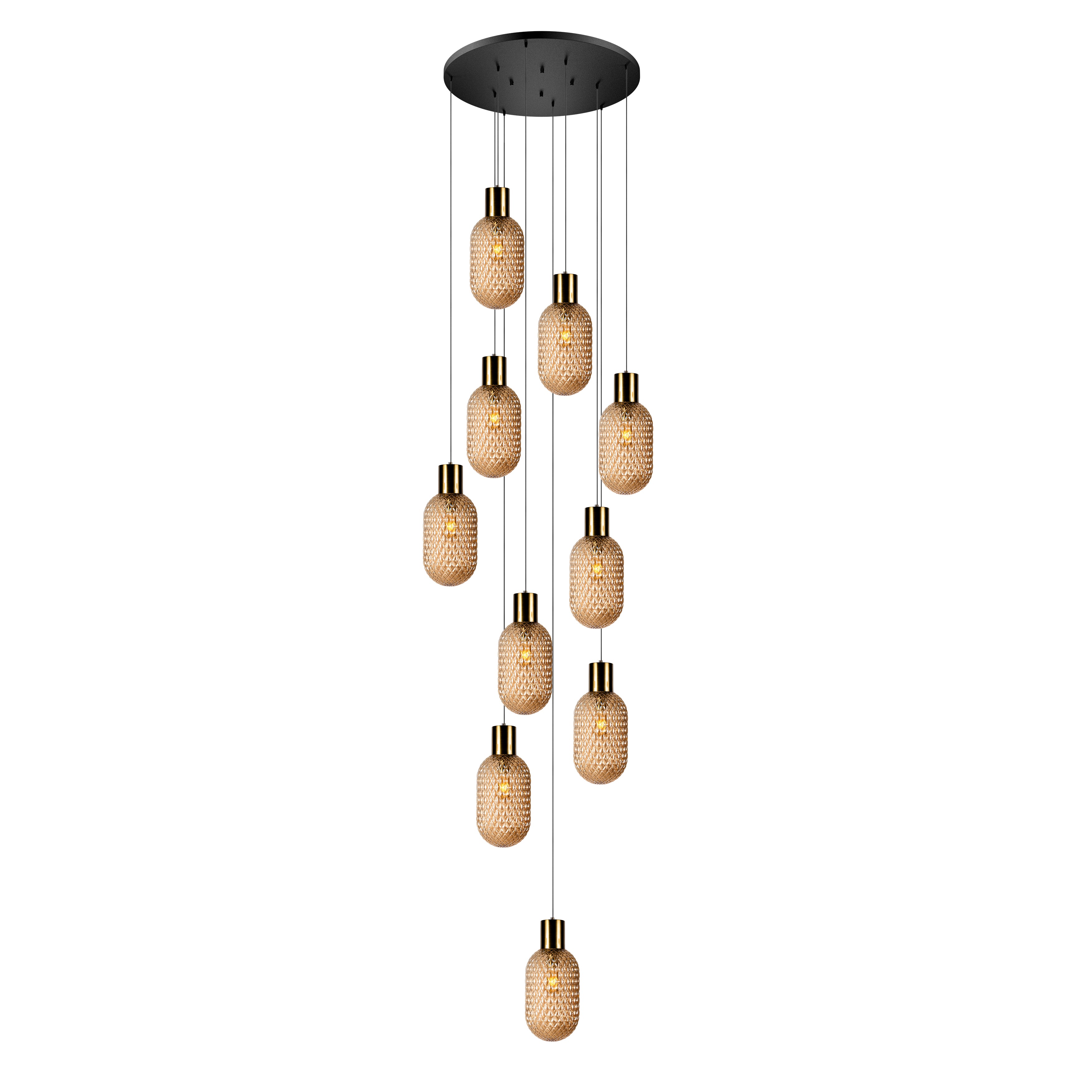 Custom Amber Glass Multi Pendant Light, Oval Lampshade Amber Textured Glass, Stairwell Pendant Lighting,  Custom Chandelier for Staircase