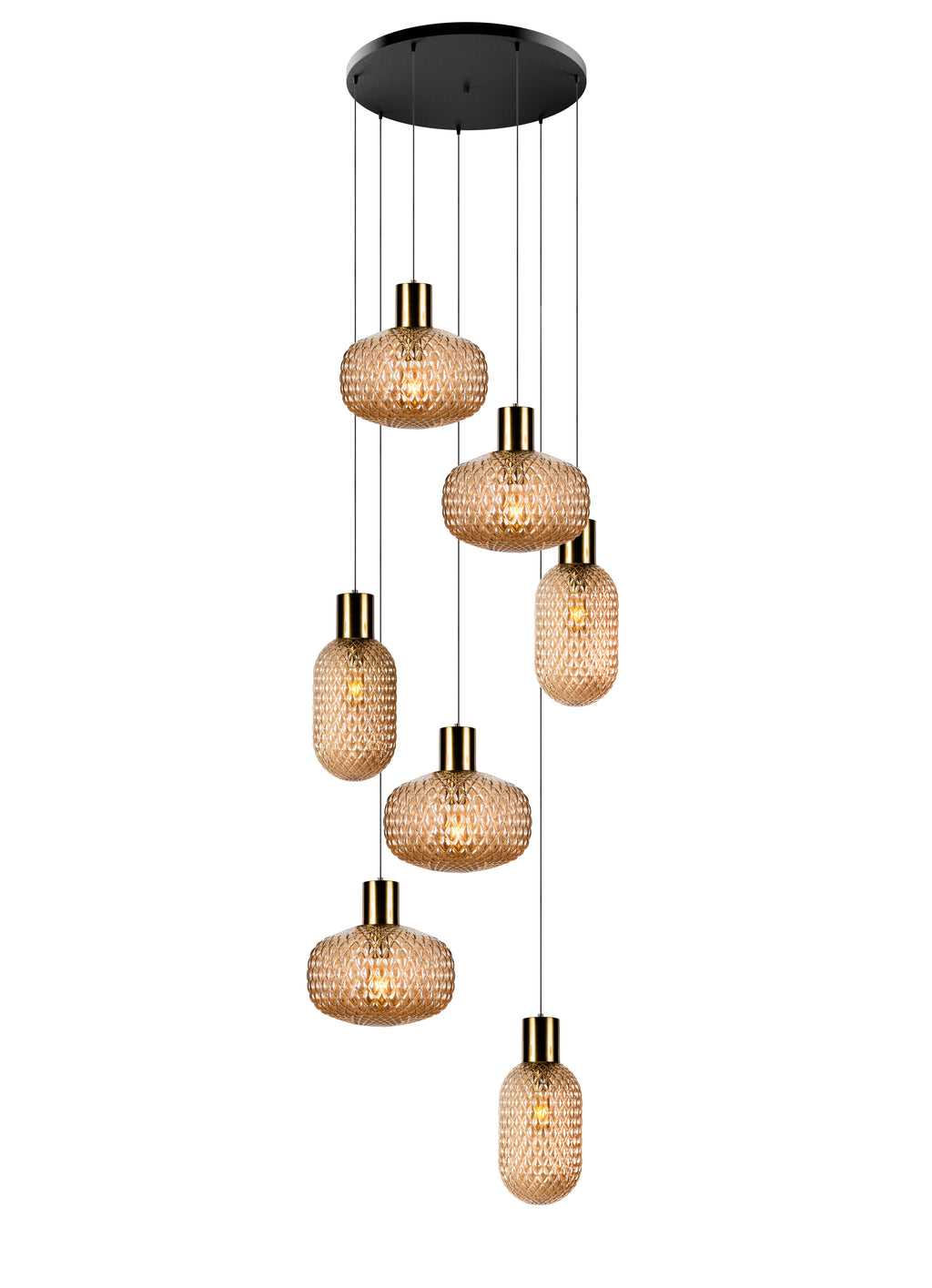 Handmade Glass Multi Light Pendant, Ellipse - Oval Shape Lampshade Amber Textured Glass Staircase Light, Custom Stairwell Pendant Lighting