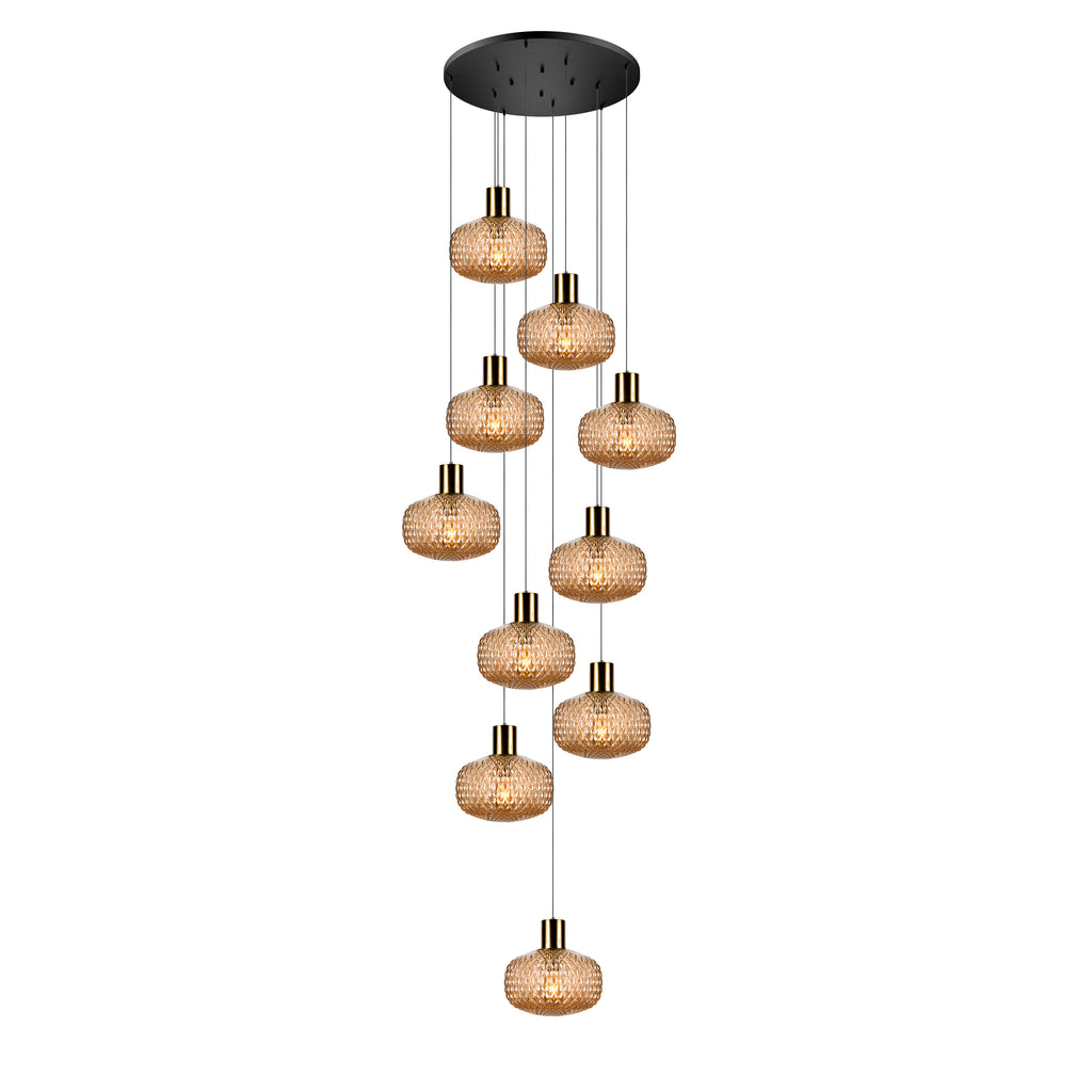 Handmade Glass Multi Light Pendant, Ellipse - Oval Shape Lampshade Amber Textured Glass Staircase Light, Custom Stairwell Pendant Lighting