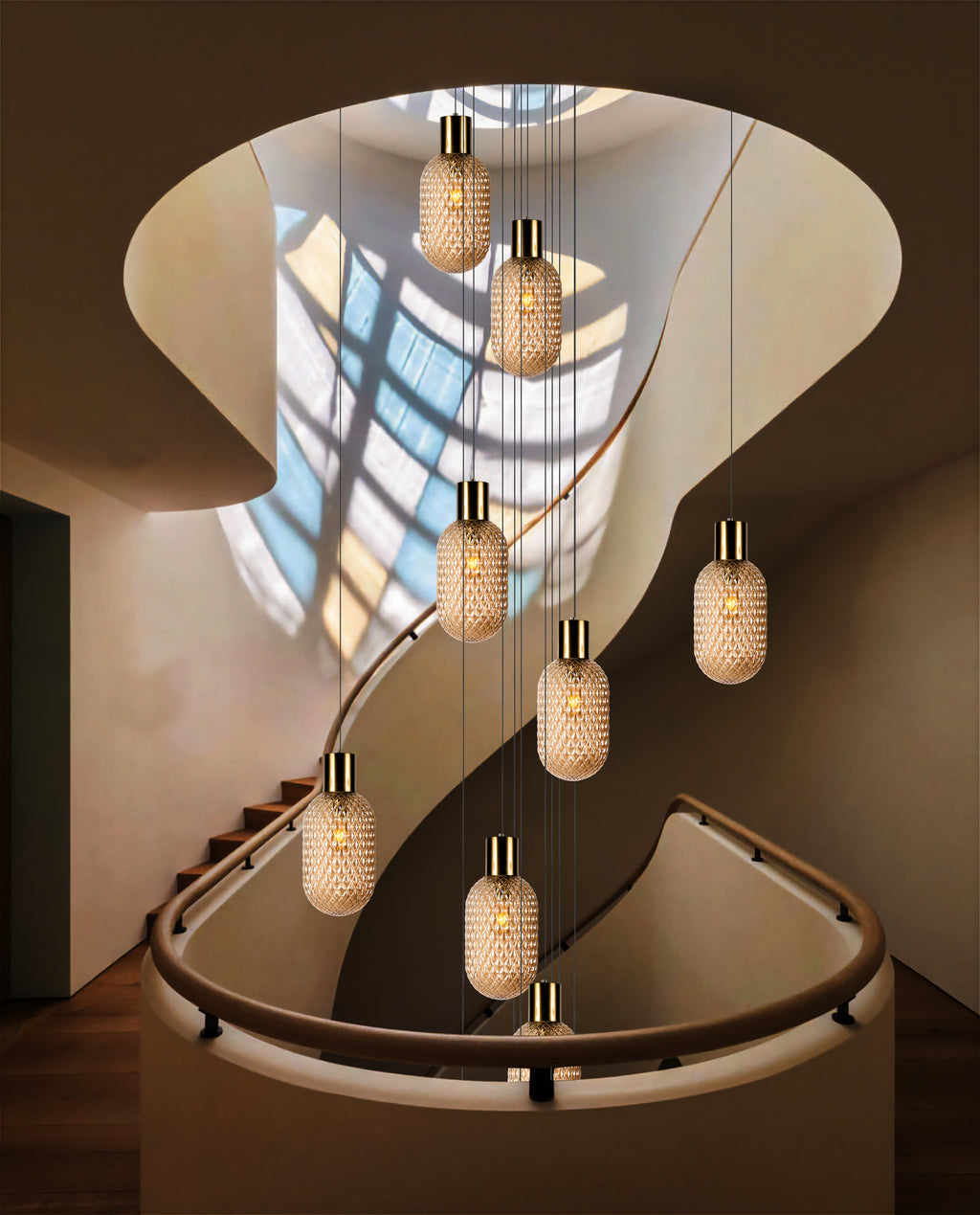 Handmade Glass Multi Light Pendant, Ellipse - Oval Shape Lampshade Amber Textured Glass Staircase Light, Custom Stairwell Pendant Lighting