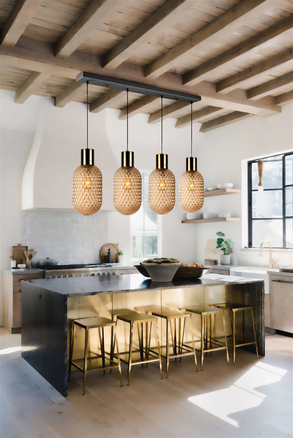 Handmade Glass Multi Light Pendant, Ellipse - Oval Shape Lampshade Amber Textured Glass Staircase Light, Custom Stairwell Pendant Lighting