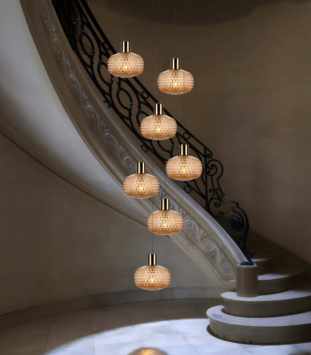 Handmade Glass Multi Light Pendant, Ellipse - Oval Shape Lampshade Amber Textured Glass Staircase Light, Custom Stairwell Pendant Lighting