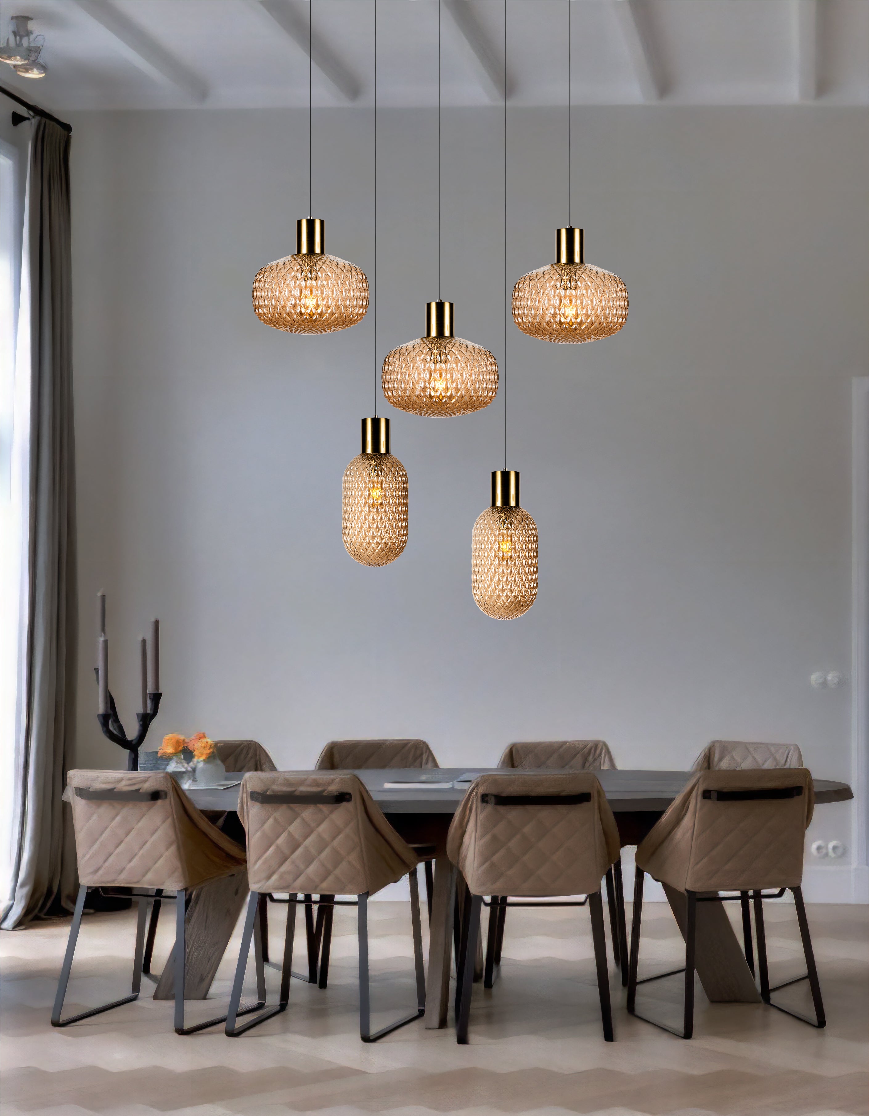 Custom Amber Glass Multi Pendant Light, Oval Lampshade Amber Textured Glass, Stairwell Pendant Lighting,  Custom Chandelier for Staircase