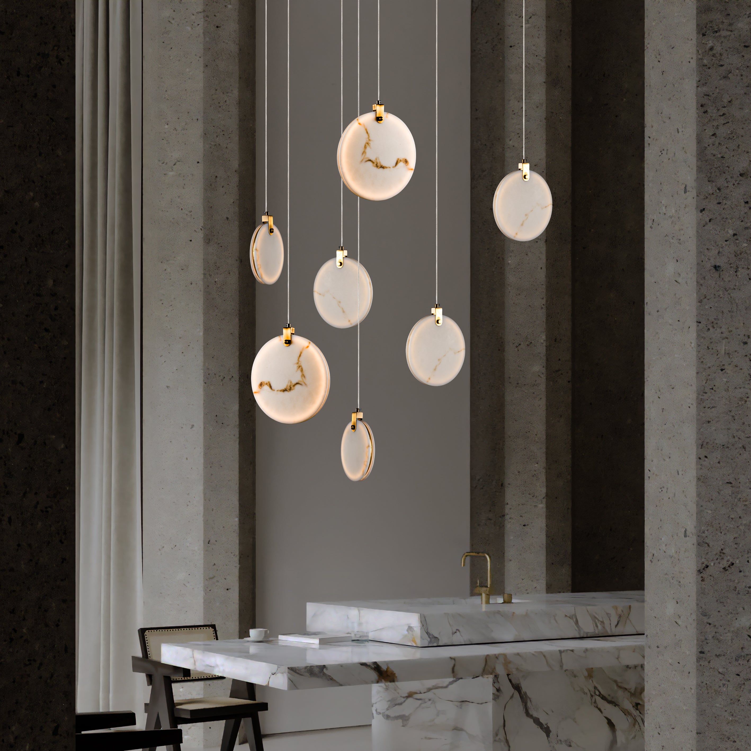 Round Canopy Marble Disc Pendant Light, Natural Alabaster Dining Table Lighting, Staircase Multi Chandelier, Organic Modern, Nordic Style, Custom Detail