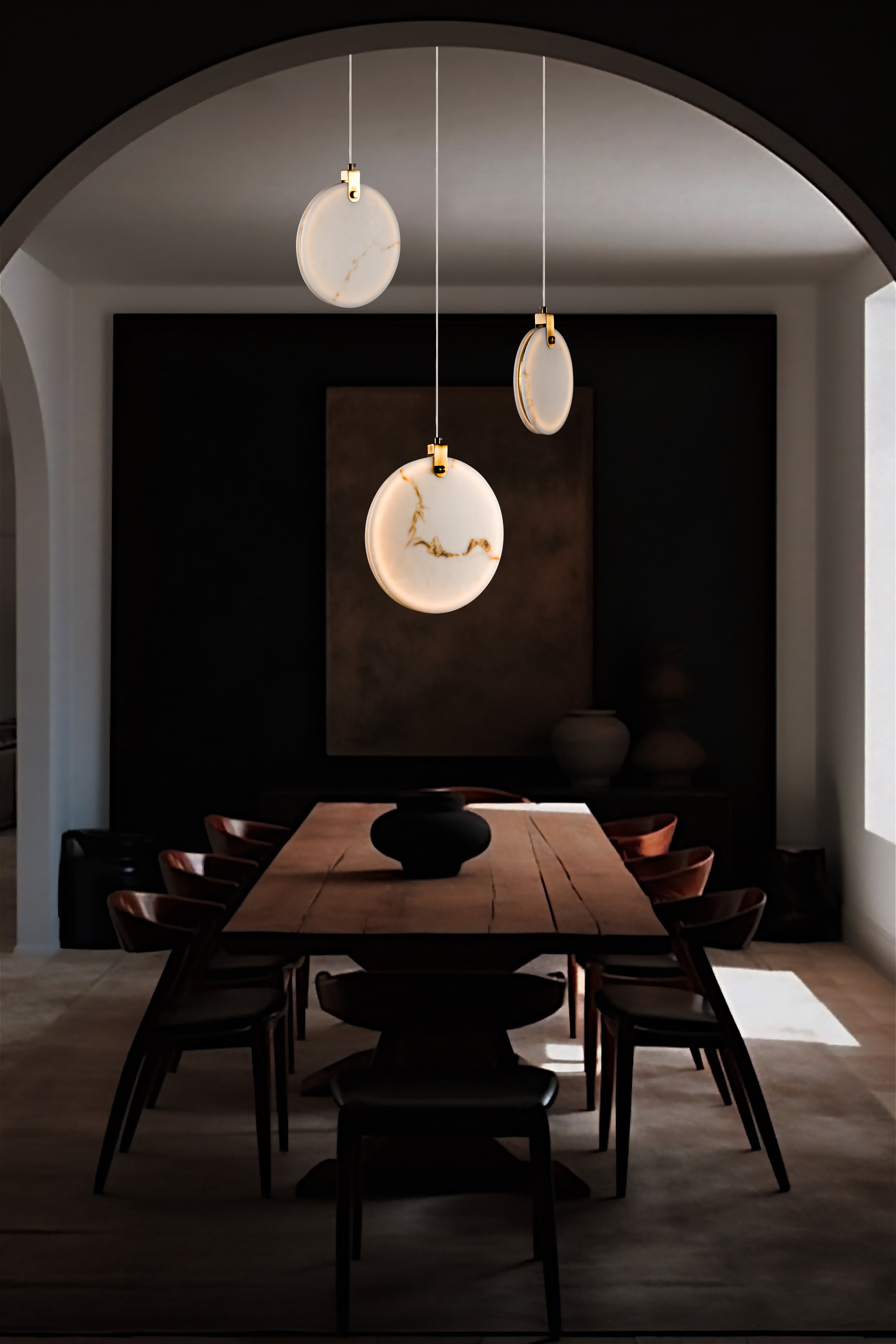 Round Canopy Marble Disc Pendant Light, Natural Alabaster Dining Table Lighting, Staircase Multi Chandelier, Organic Modern, Nordic Style, Custom Detail