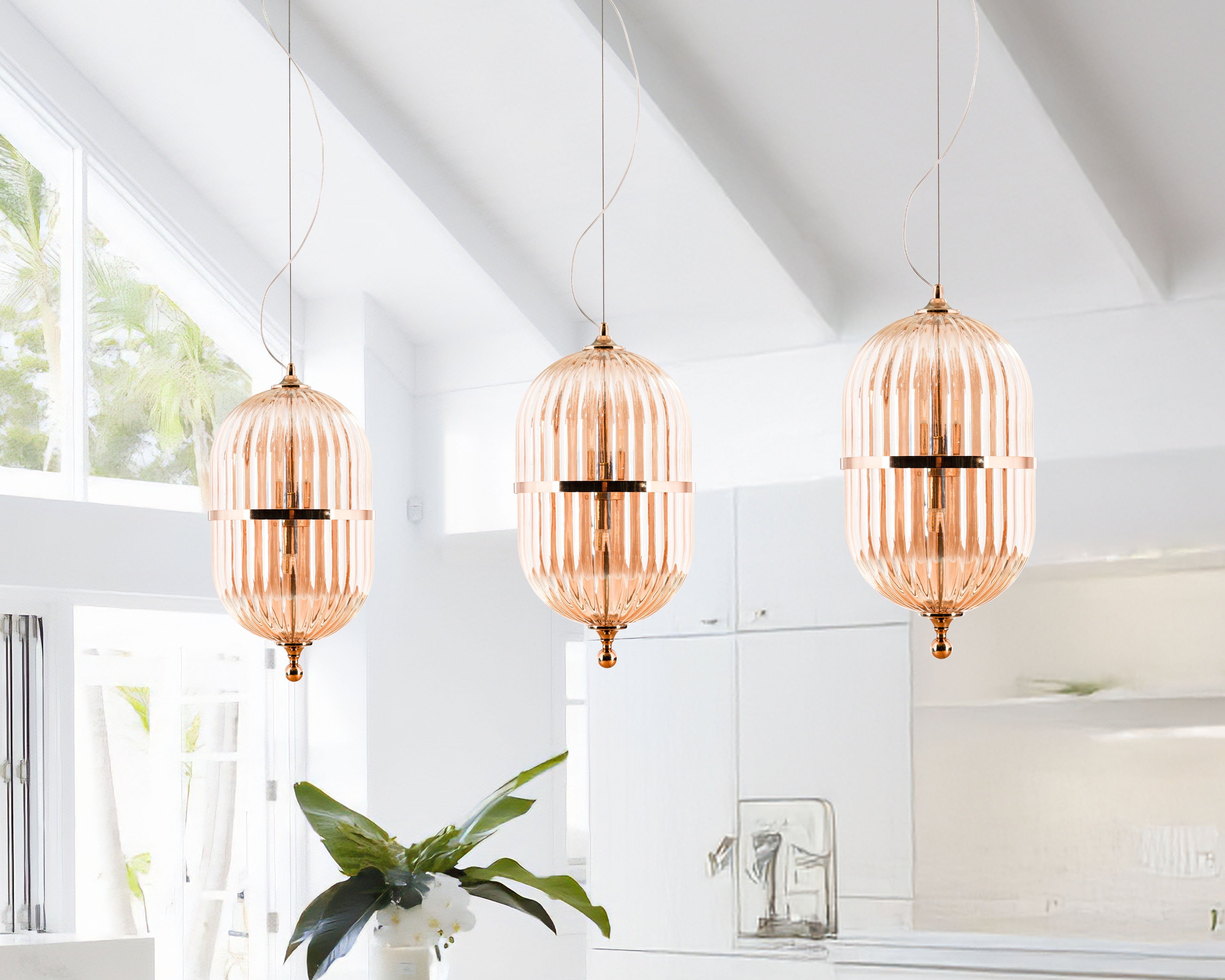 Modern Ribbed Glass Pendant Light: Scandinavian Kitchen Island Chandelier