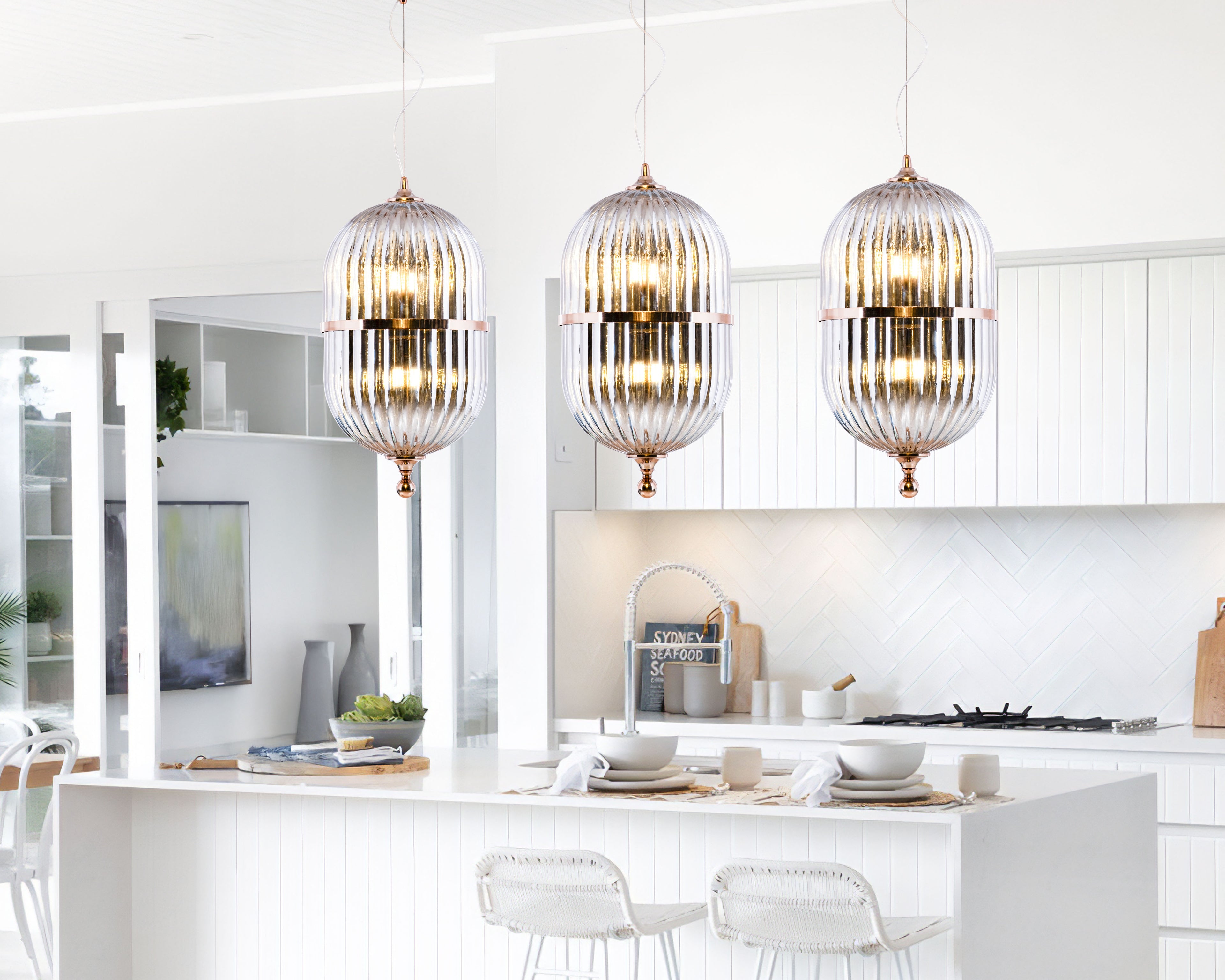 Modern Ribbed Glass Pendant Light: Scandinavian Kitchen Island Chandelier