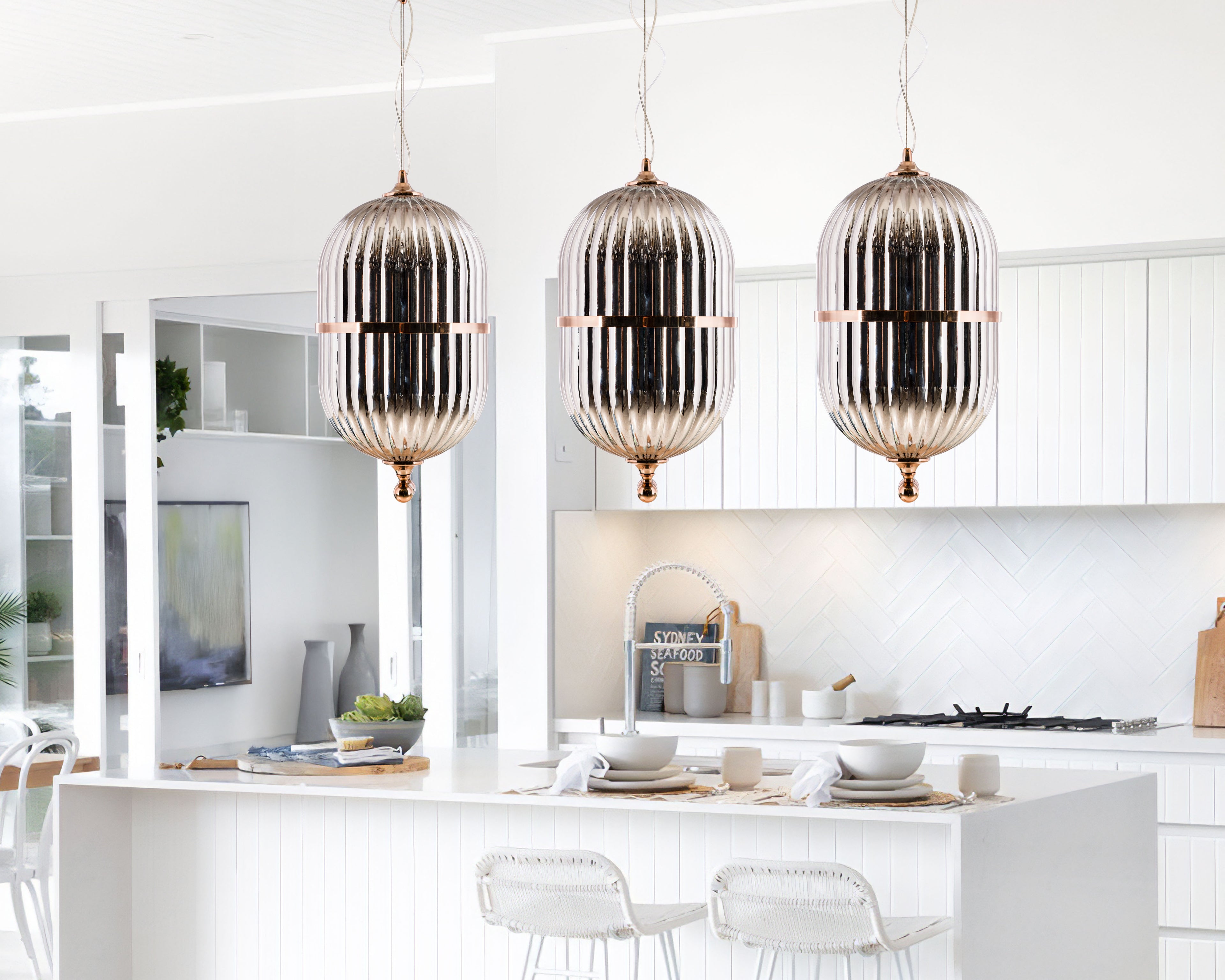 Modern Ribbed Glass Pendant Light: Scandinavian Kitchen Island Chandelier