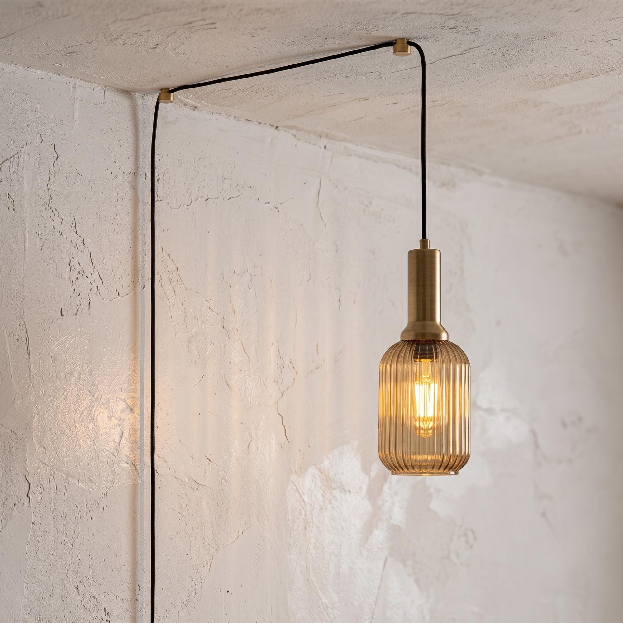 Ribbed Glass Plug In Pendant Light with Switch, Model S