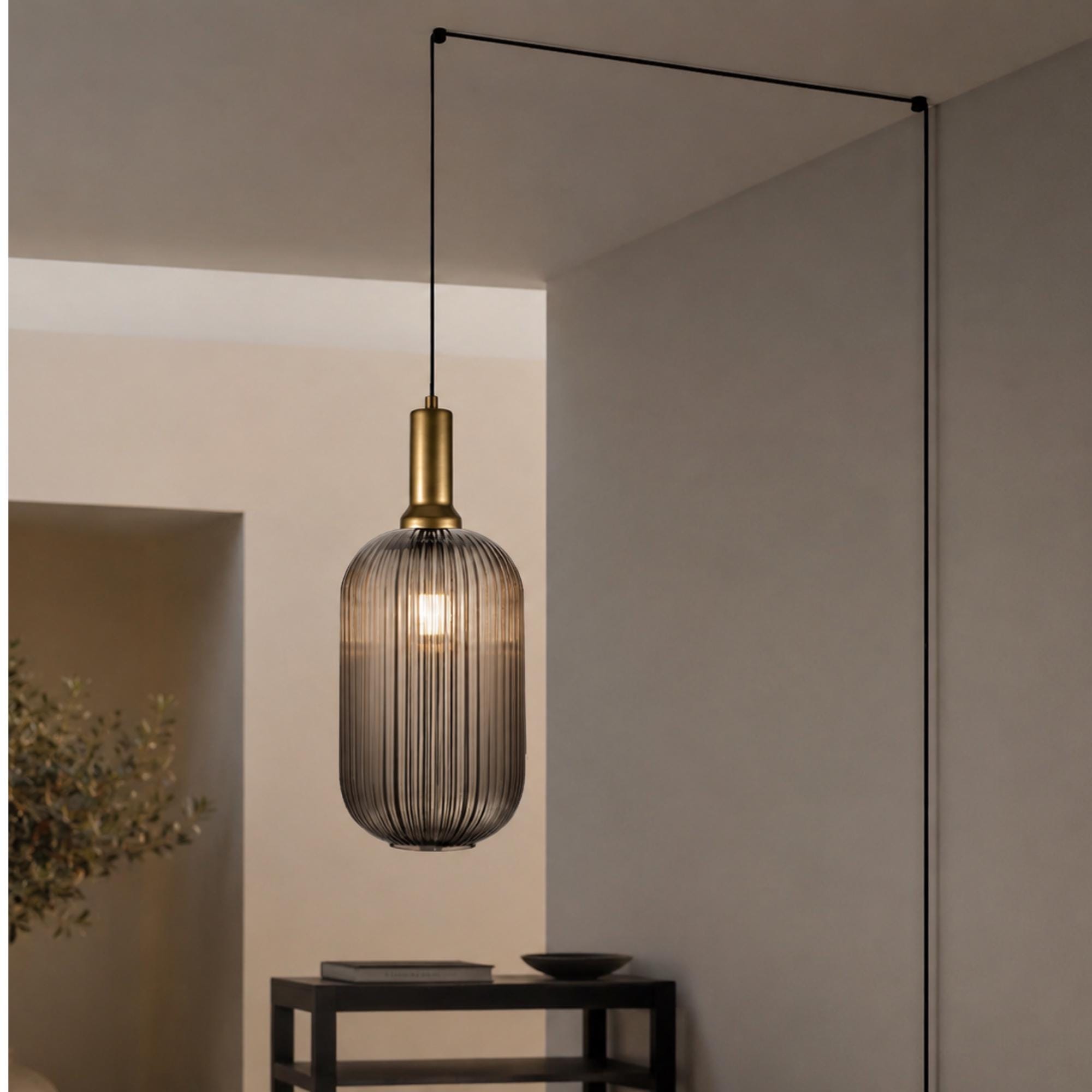 Clear  Ribbed Glass Plug In Pendant Light with Switch, Model XL