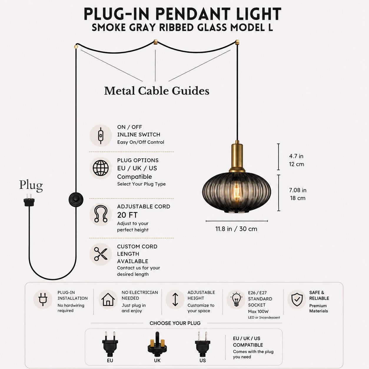 Plug In Ceiling Light | Adjustable 20FT Cord, Model L