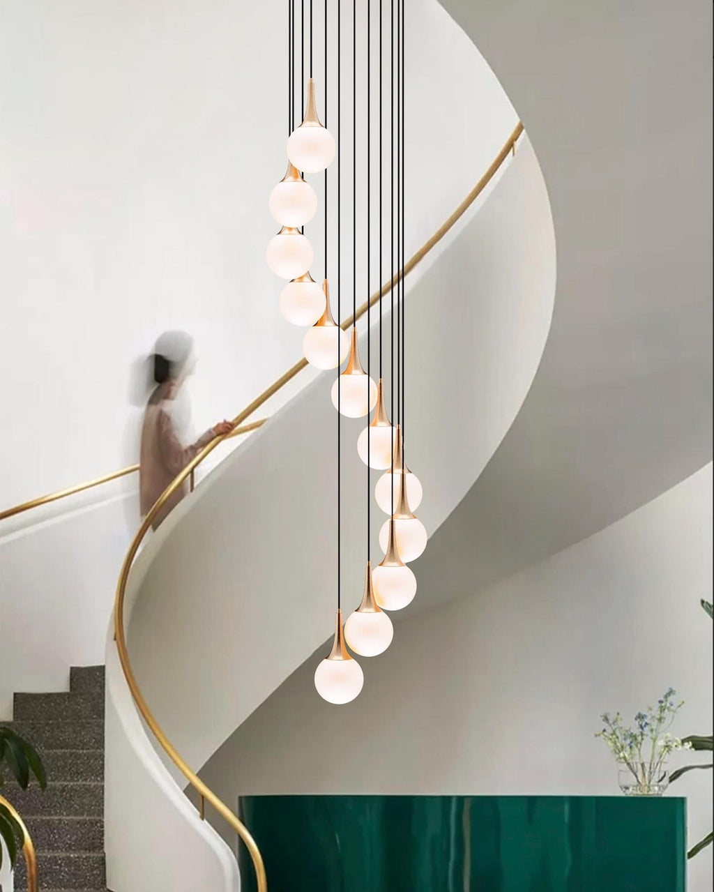Custom Multi-Pendant Light: Glass Stairwell Chandelier