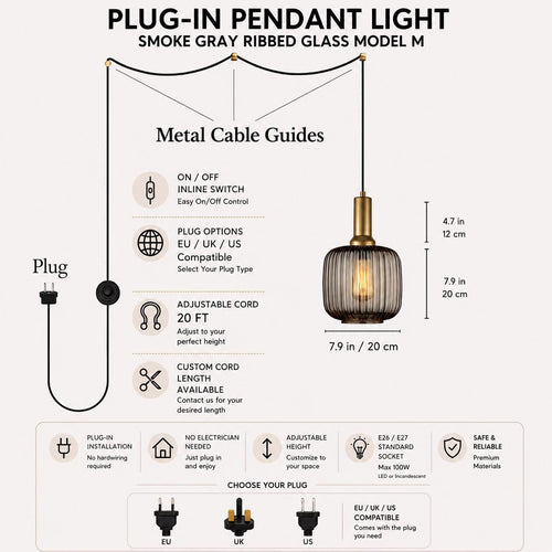 Custom Plug In Pendant Light with Switch, Model M