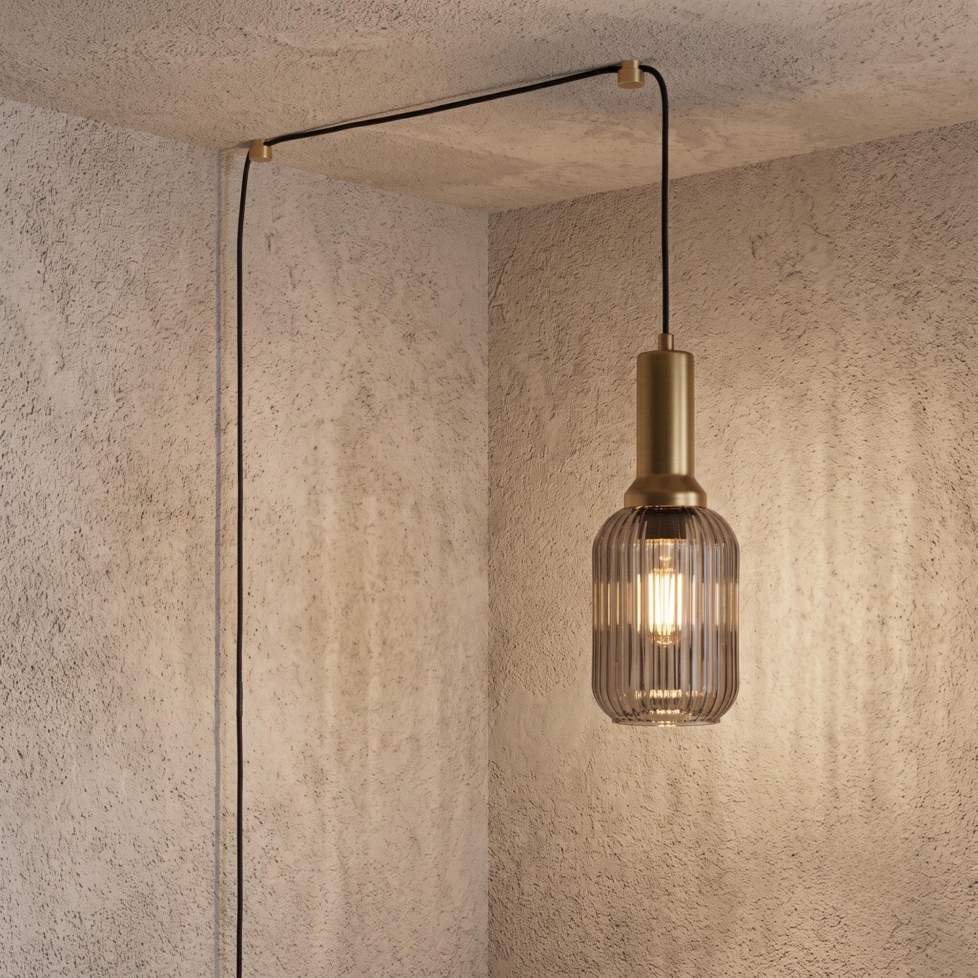 Ribbed Glass Plug In Pendant Light with Switch, Model S