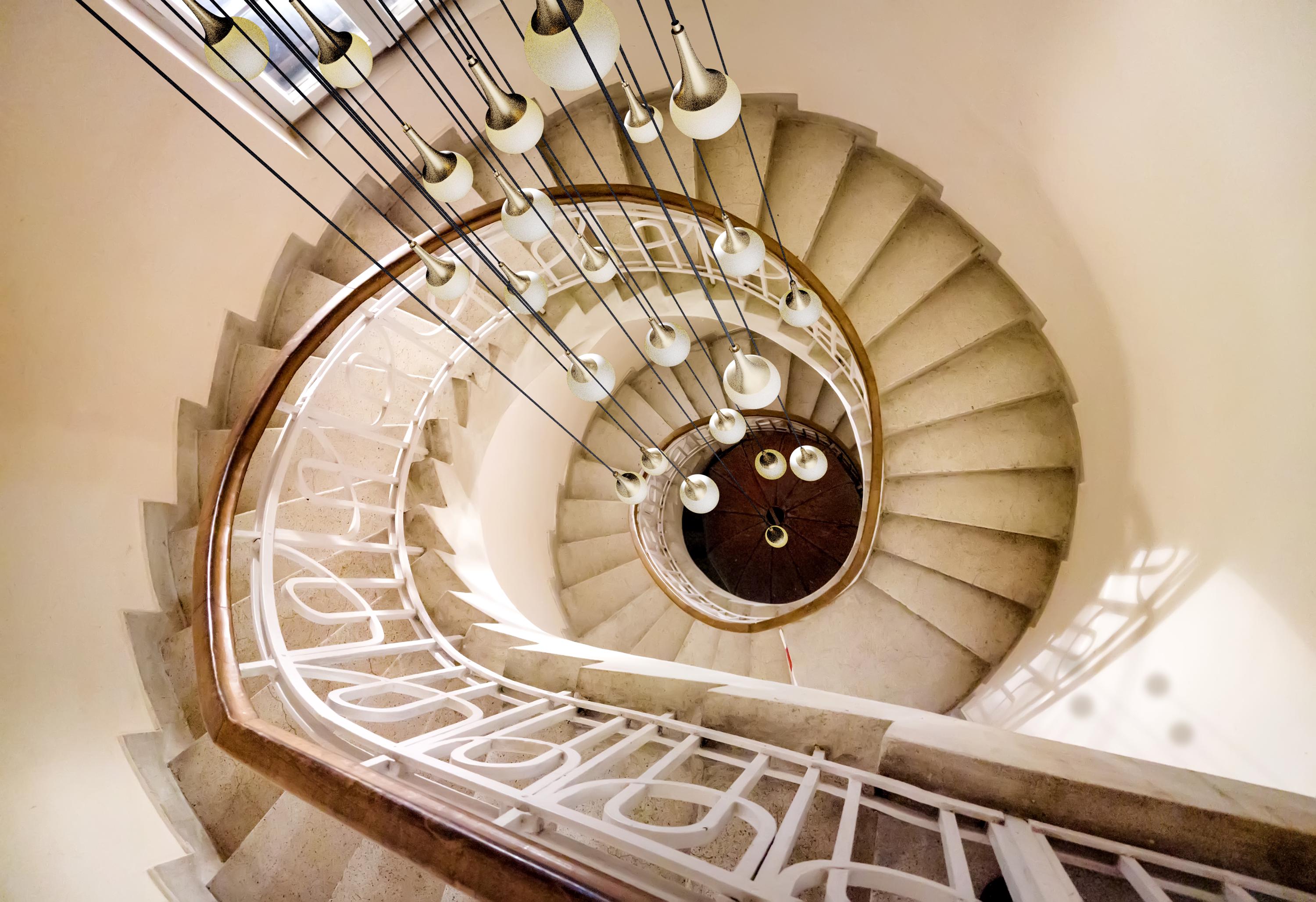 Custom Multi-Pendant Light: Glass Stairwell Chandelier