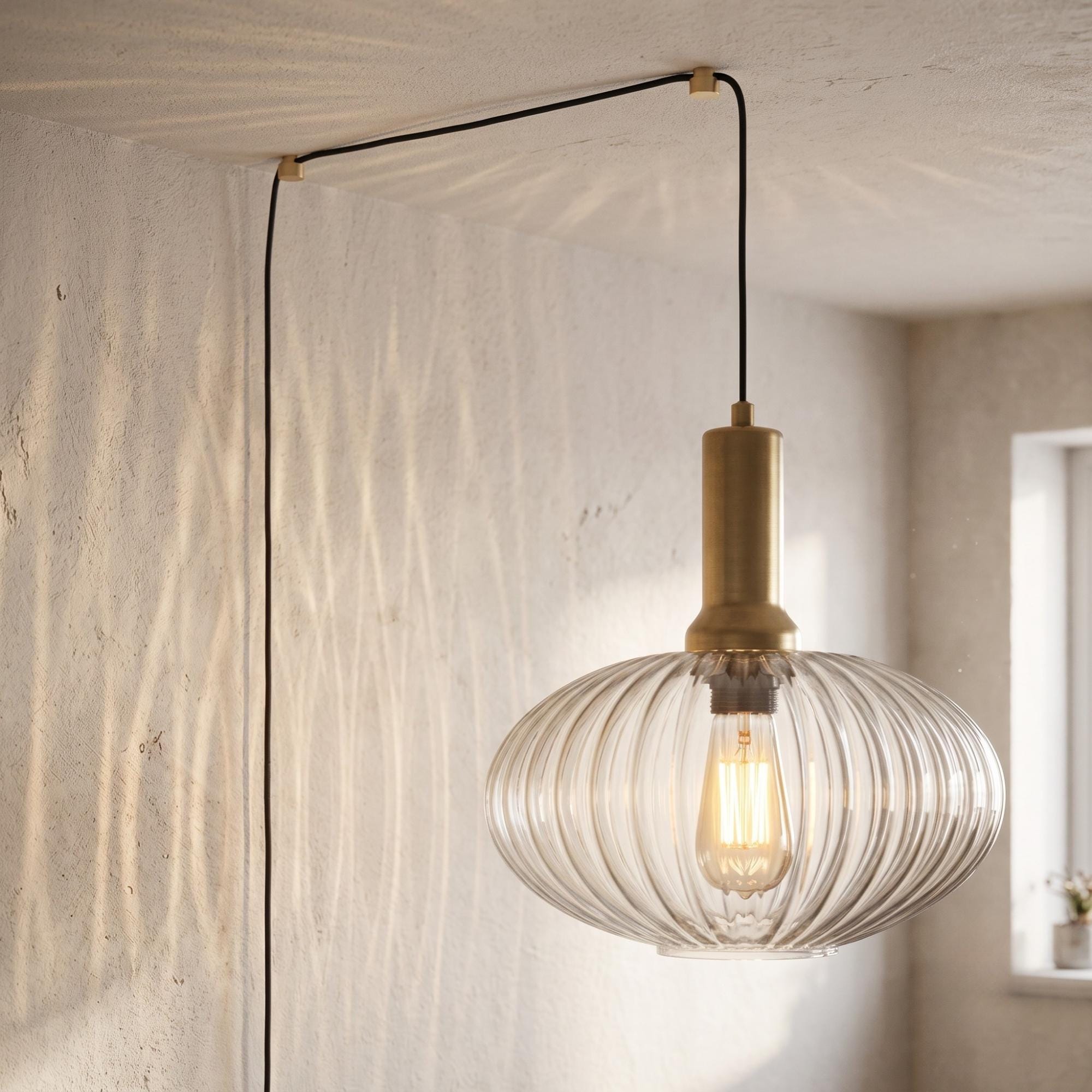 Reeded Glass Plug In Ceiling Light | Easy Install Hanging Light, Model L