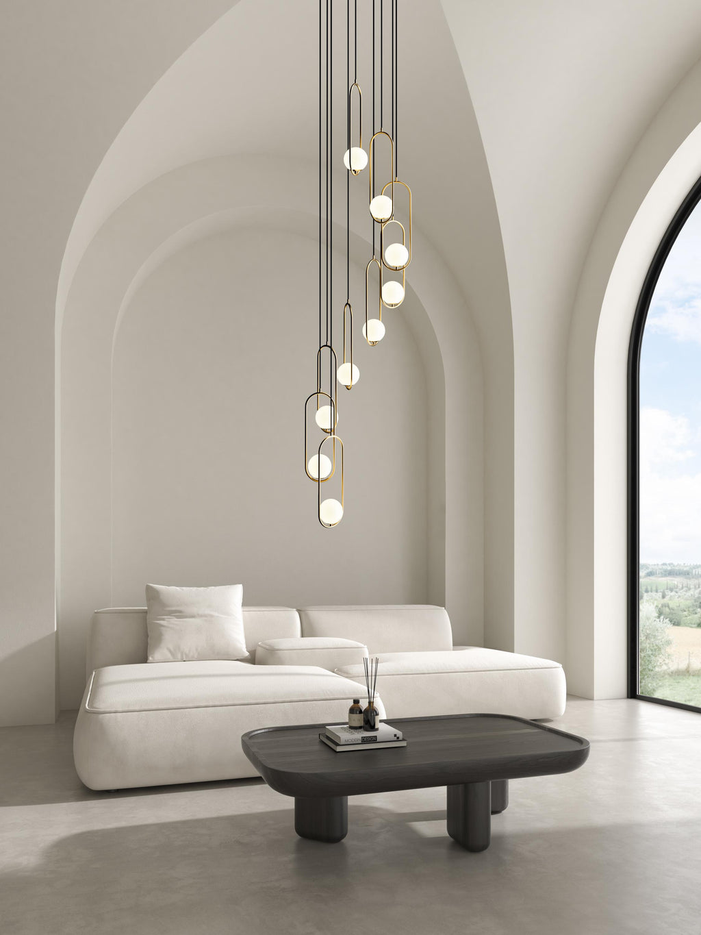 Modern Stairs Multi-Light Pendant: Stairwell Chandelier -Black & Gold Oversized Living Room Light - High Ceiling Staircase Chandelier
