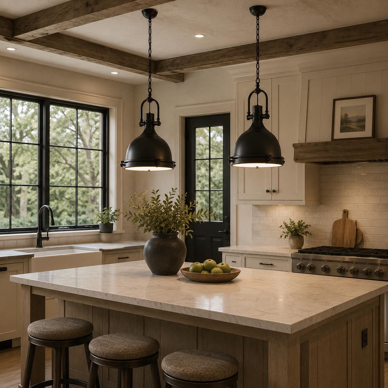 Industrial Farmhouse Pendant Light, Matte Black Metal