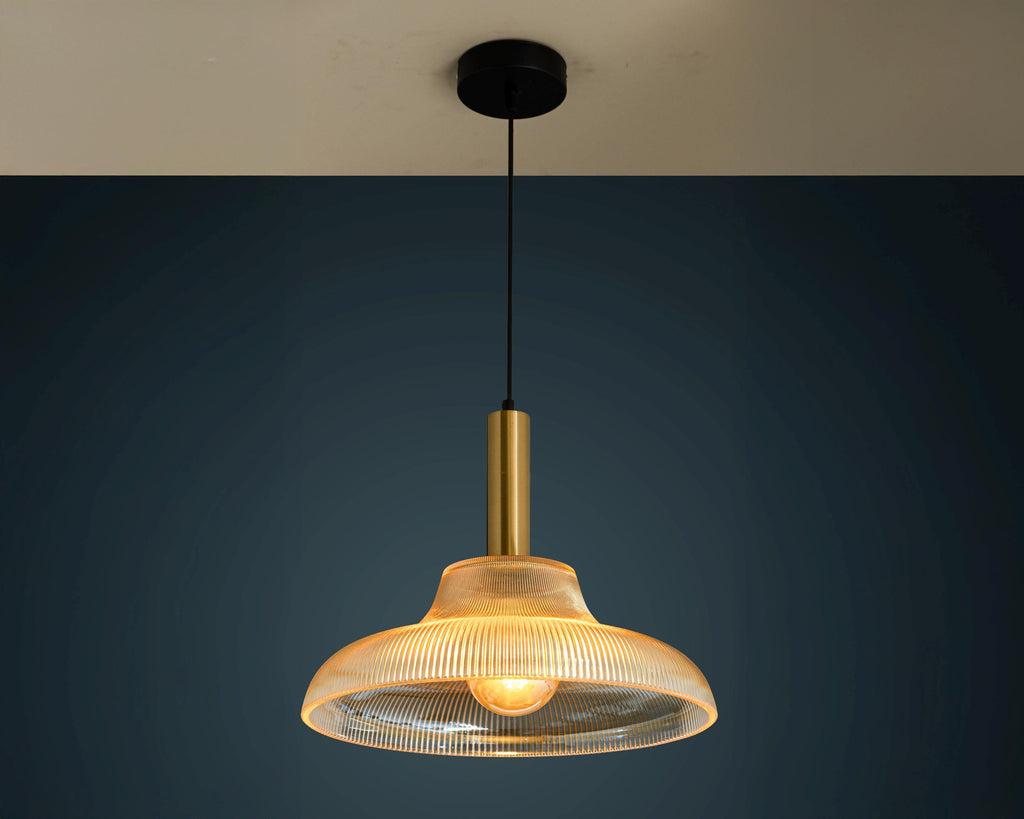 Retro Pleated Amber Glass Pendant Light