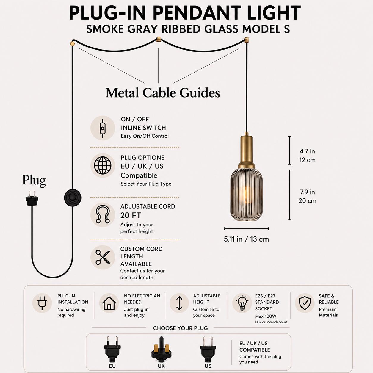 Plug In Pendant Light with Switch, Model S