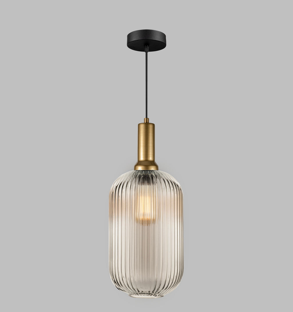 Ribbed Glass Pendant Light: Mid-Century Modern Gold Accent, Custom Length