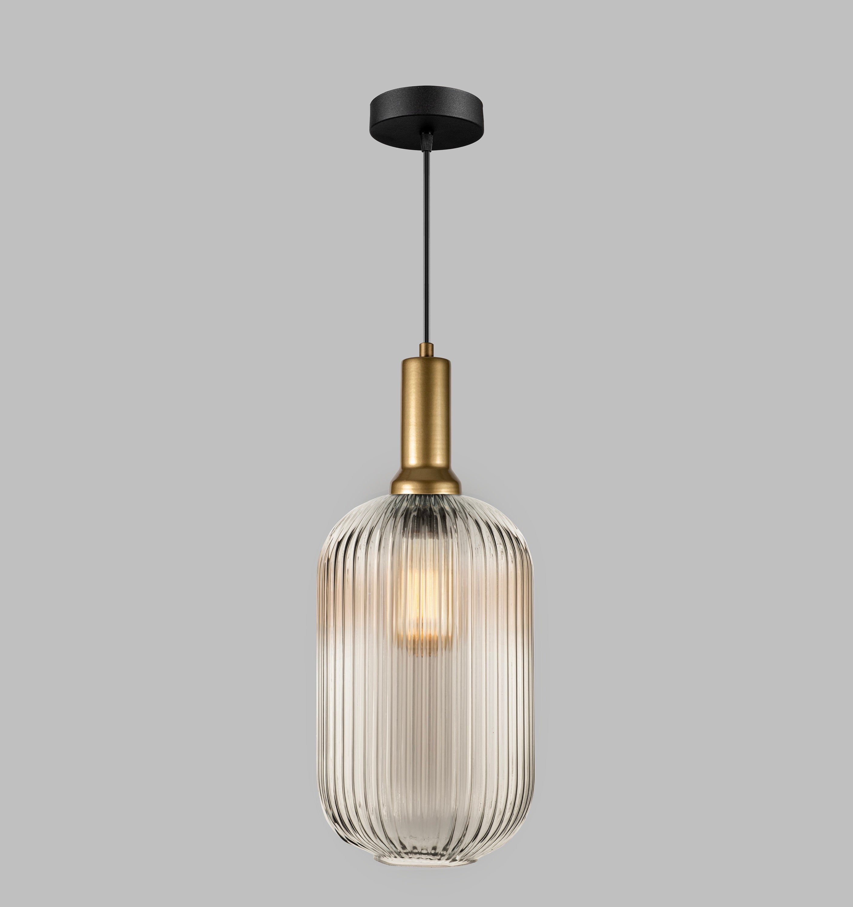Ribbed Glass Pendant Light: Mid-Century Modern Gold Accent, Custom Length