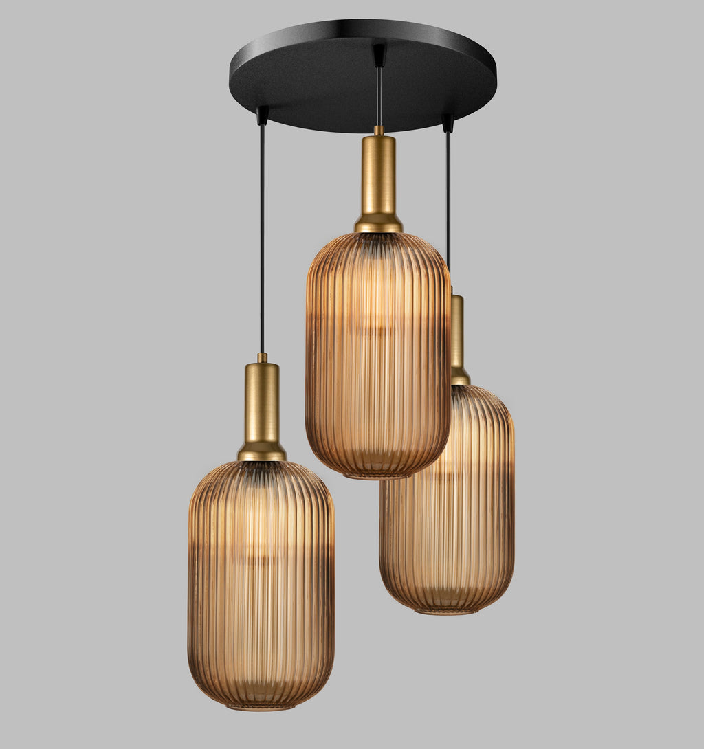 XL Amber Ribbed Glass Pendant Light: Mid-Century Modern Chandelier