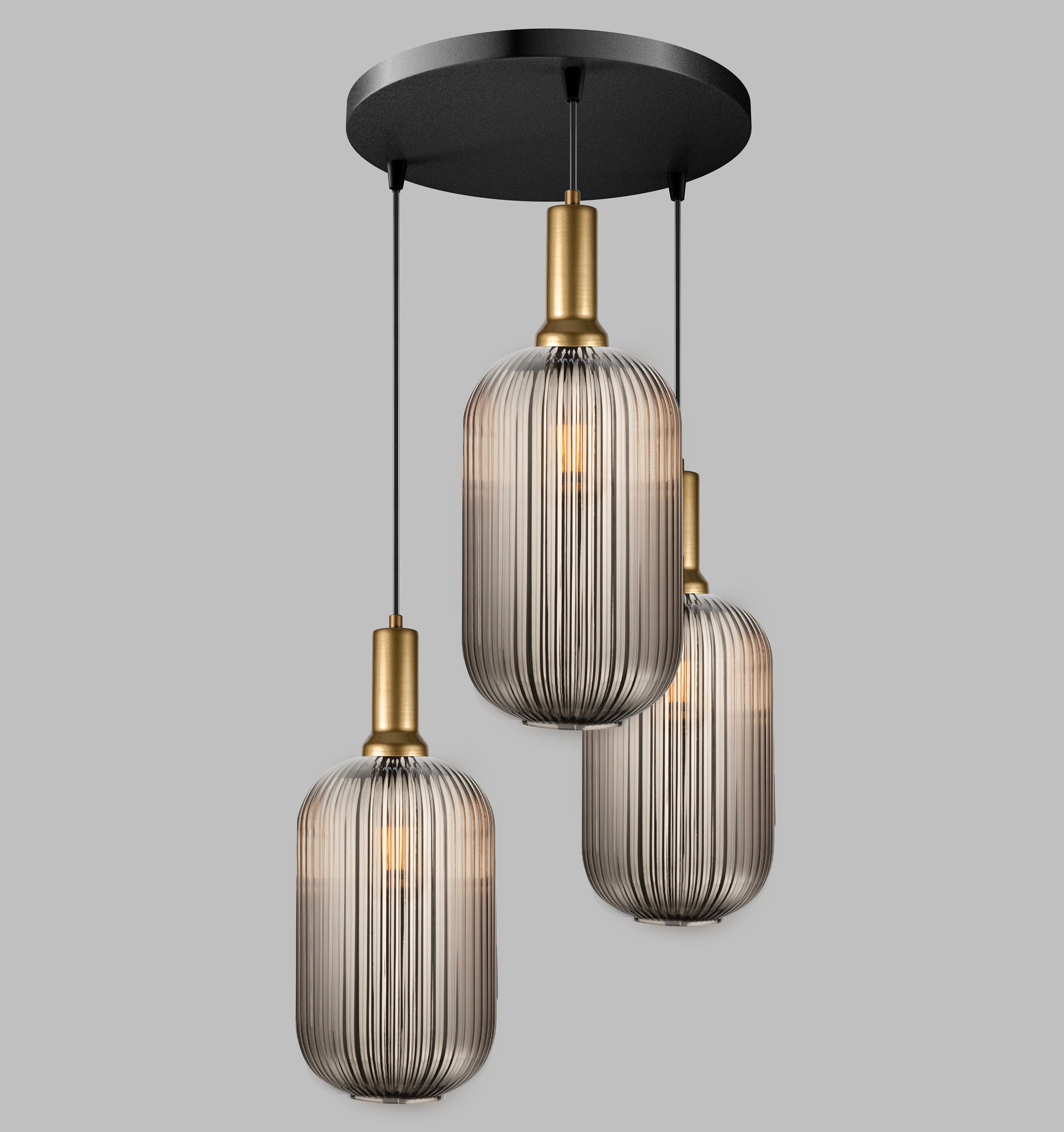 XL Amber Ribbed Glass Pendant Light: Mid-Century Modern Chandelier