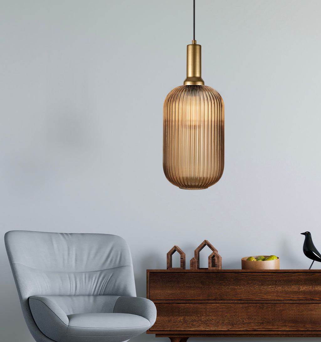 Amber Ribbed Glass Pendant Light: Modern Scandinavian Lighting
