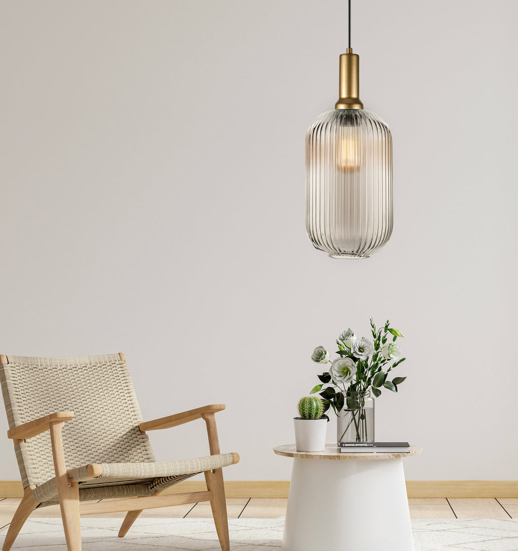 Ribbed Glass Pendant Light: Mid-Century Modern Gold Accent, Custom Length