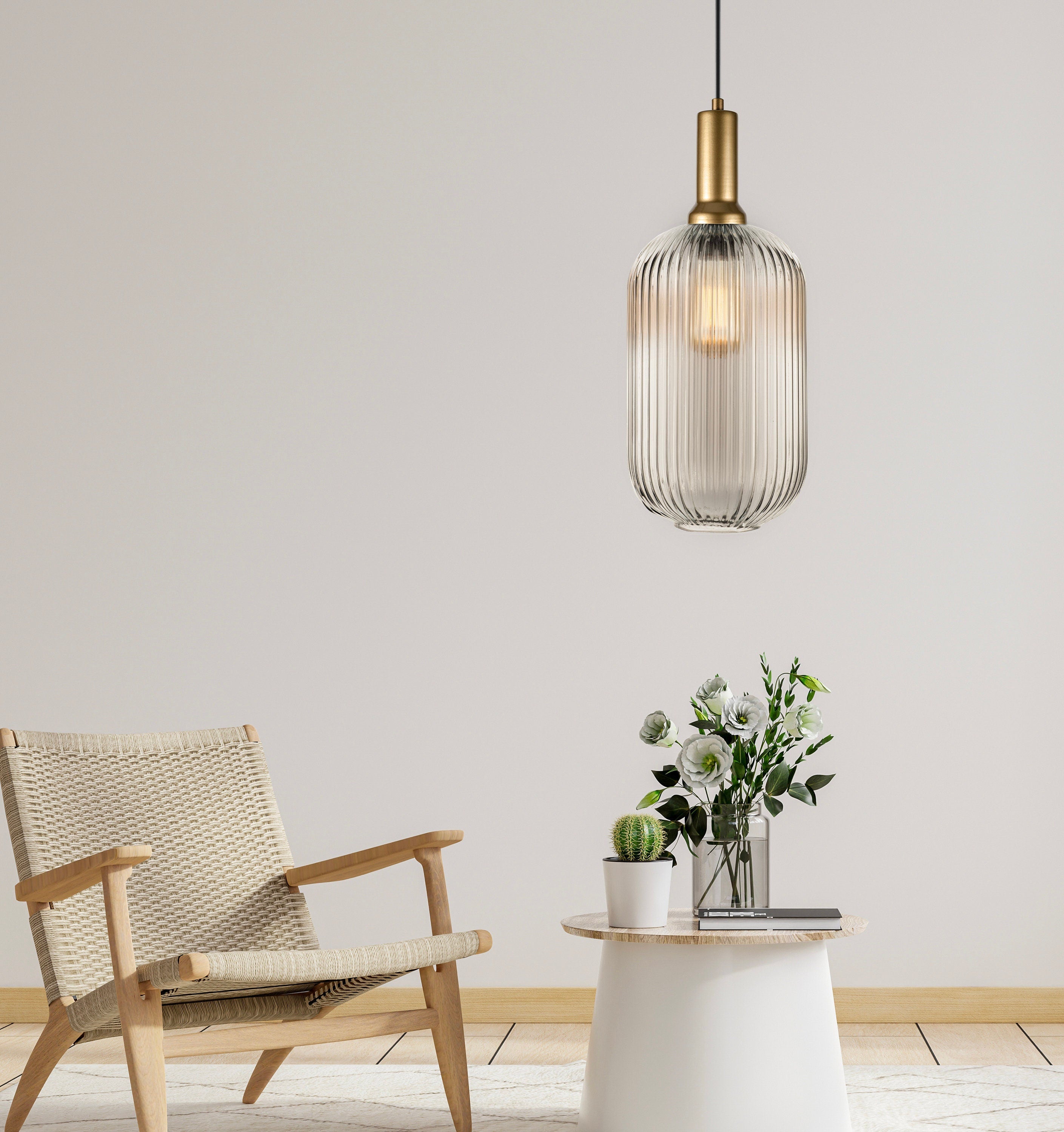 Ribbed Glass Pendant Light: Mid-Century Modern Gold Accent, Custom Length