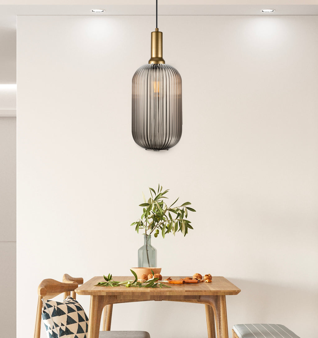 Reeded Glass Pendant Light: Smoke Gray Modern Chandelier, Customizable