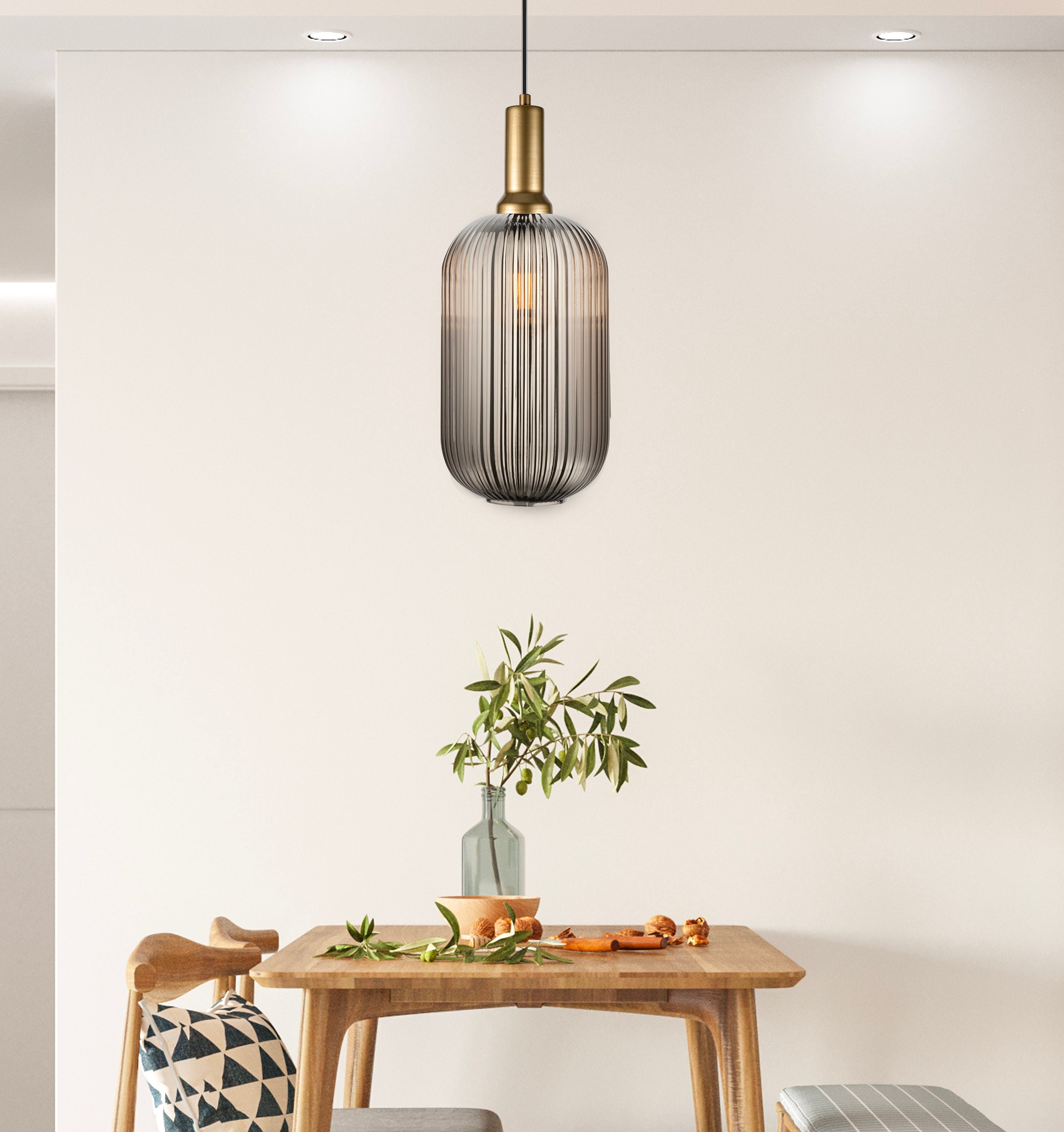 Reeded Glass Pendant Light: Smoke Gray Modern Chandelier, Customizable
