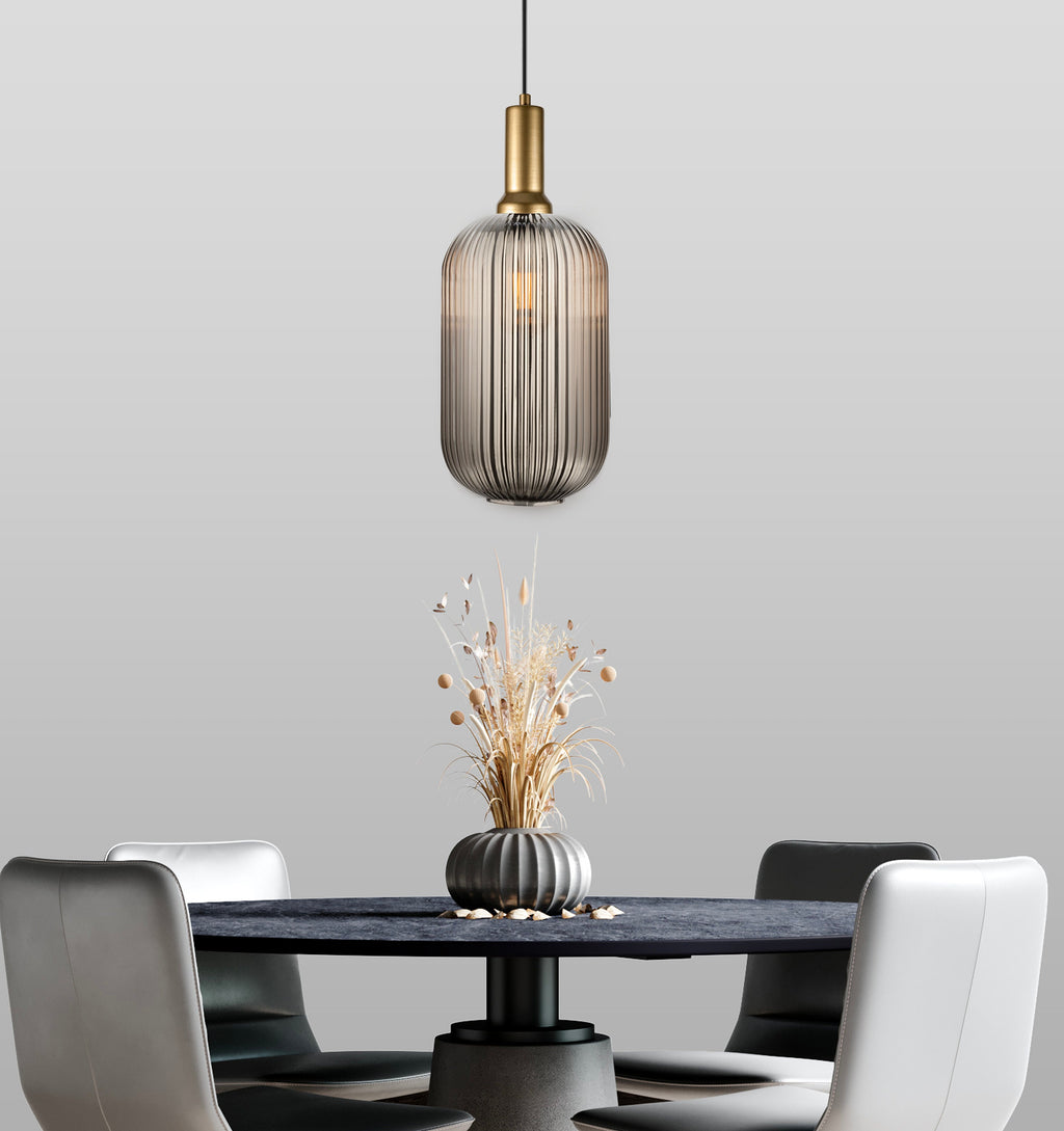 Reeded Glass Pendant Light: Smoke Gray Modern Chandelier, Customizable