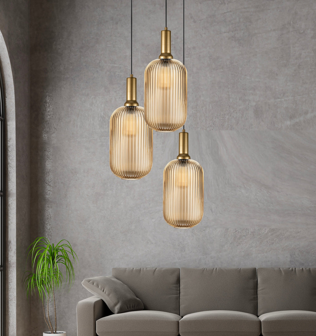 XL Amber Ribbed Glass Pendant Light: Mid-Century Modern Chandelier