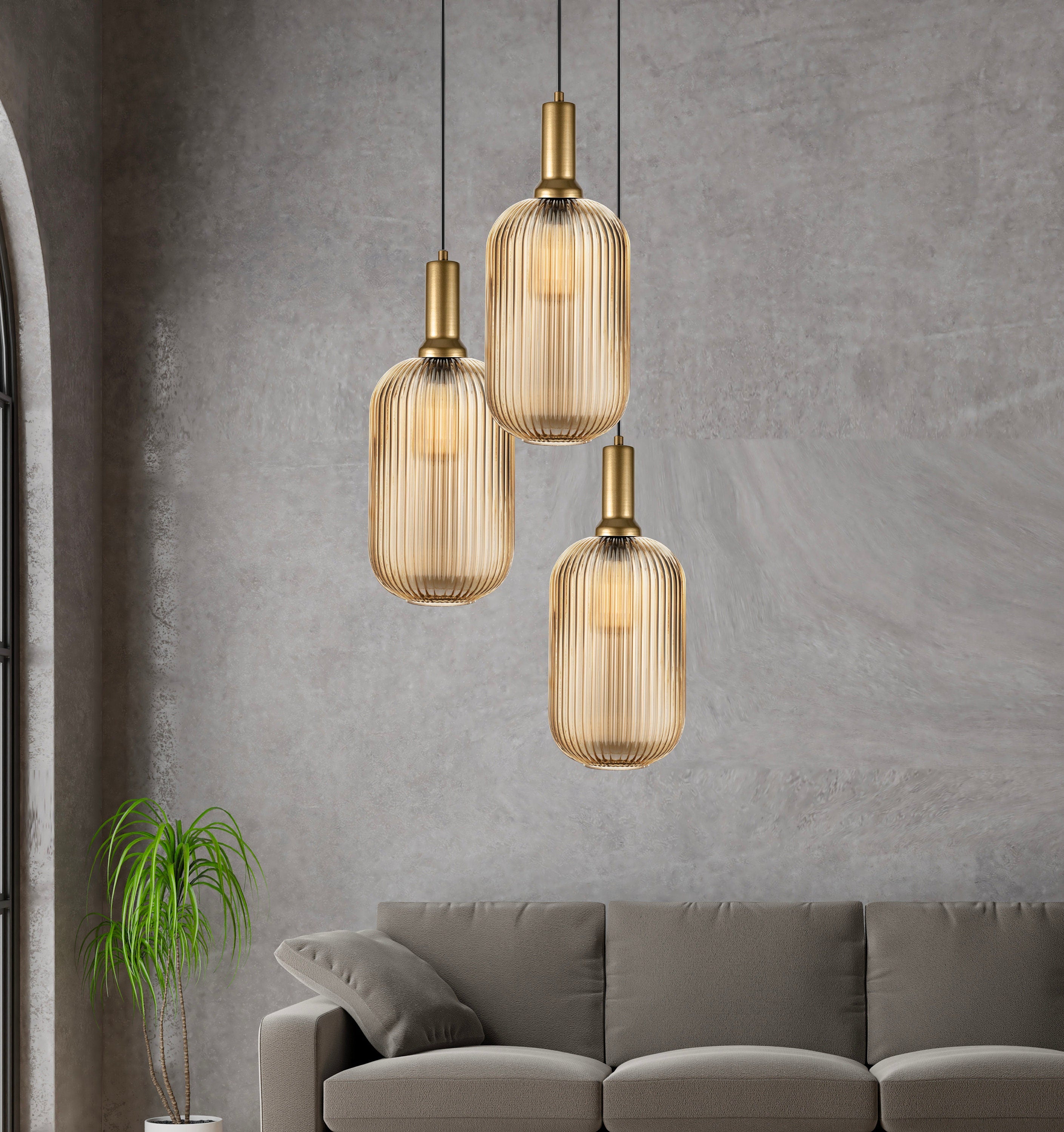 XL Amber Ribbed Glass Pendant Light: Mid-Century Modern Chandelier