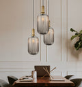 Smoke Gray Ribbed Glass Pendant Light: Modern Brass-Tone Chandelier